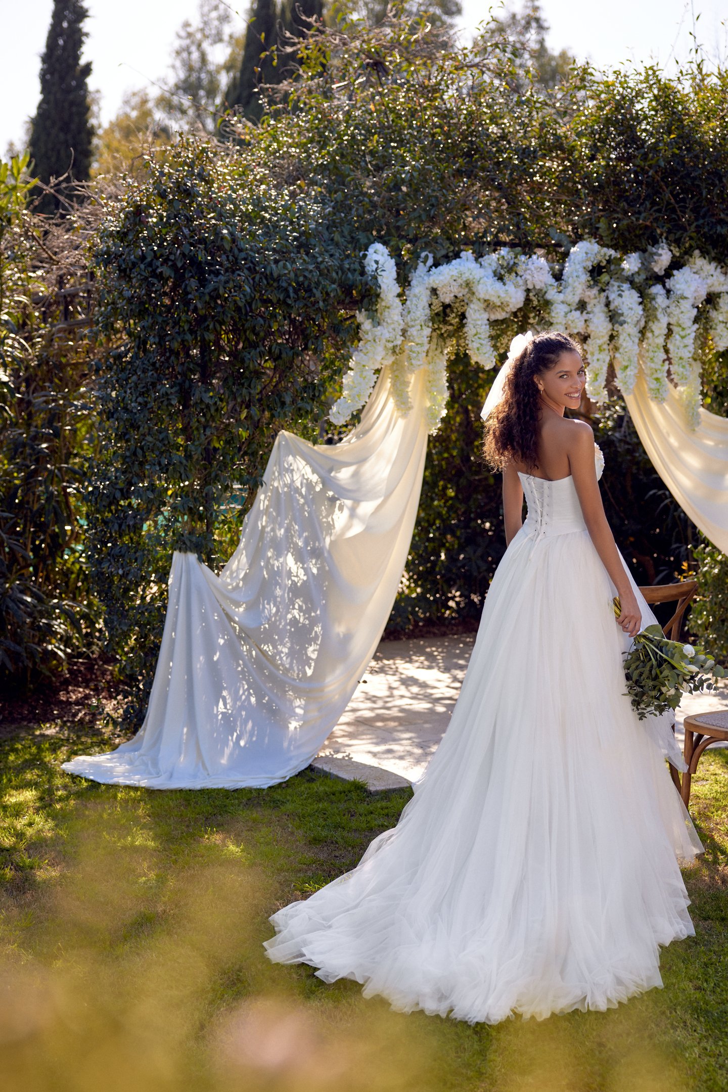 Lillian West Style 66411 English Net A-Line Gown with 3D Floral on Bodice and Basque Waistline