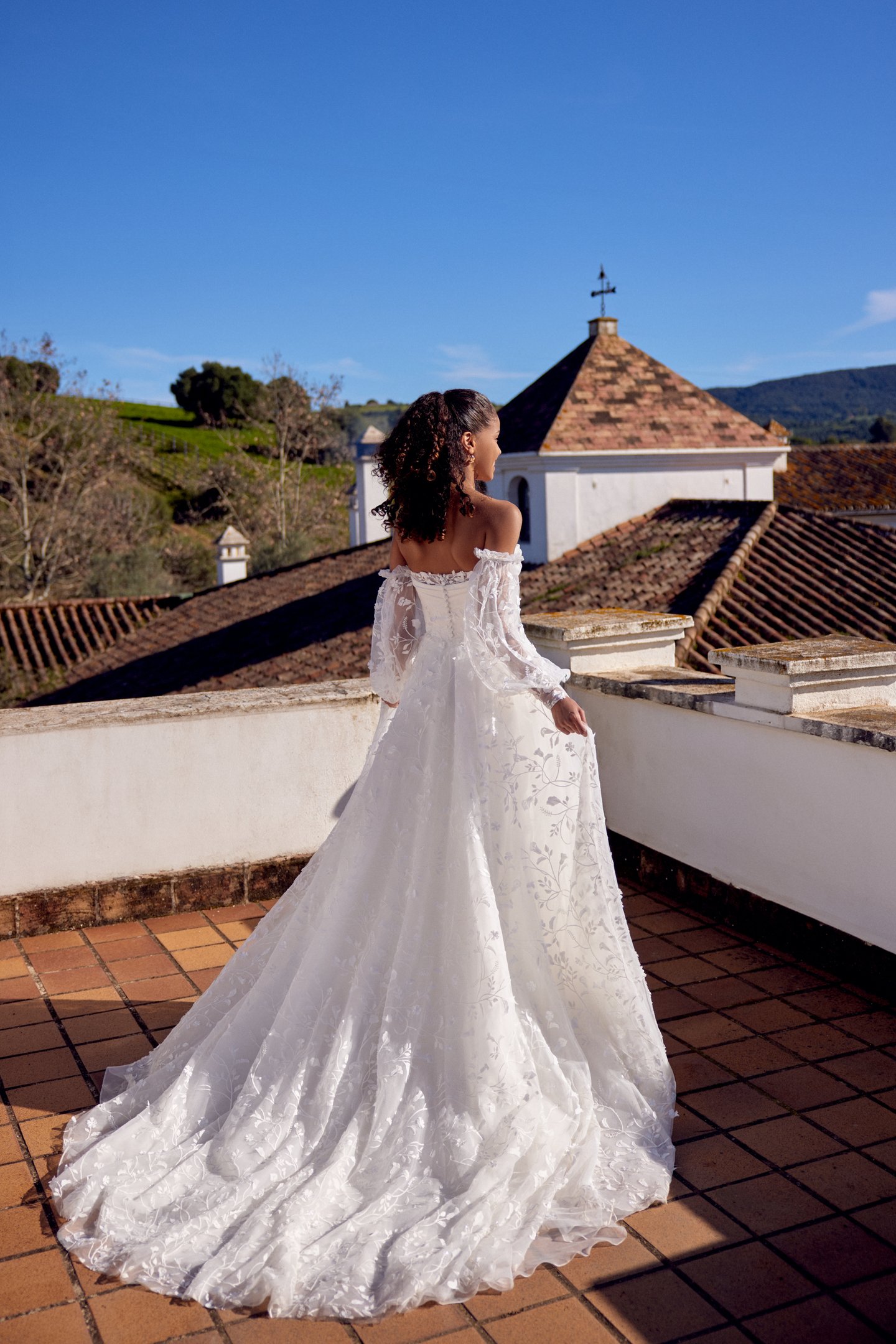 Lillian West Style 66413 A-Line Gown with Peekaboo Lace Detail and Allover Embroidered Lace