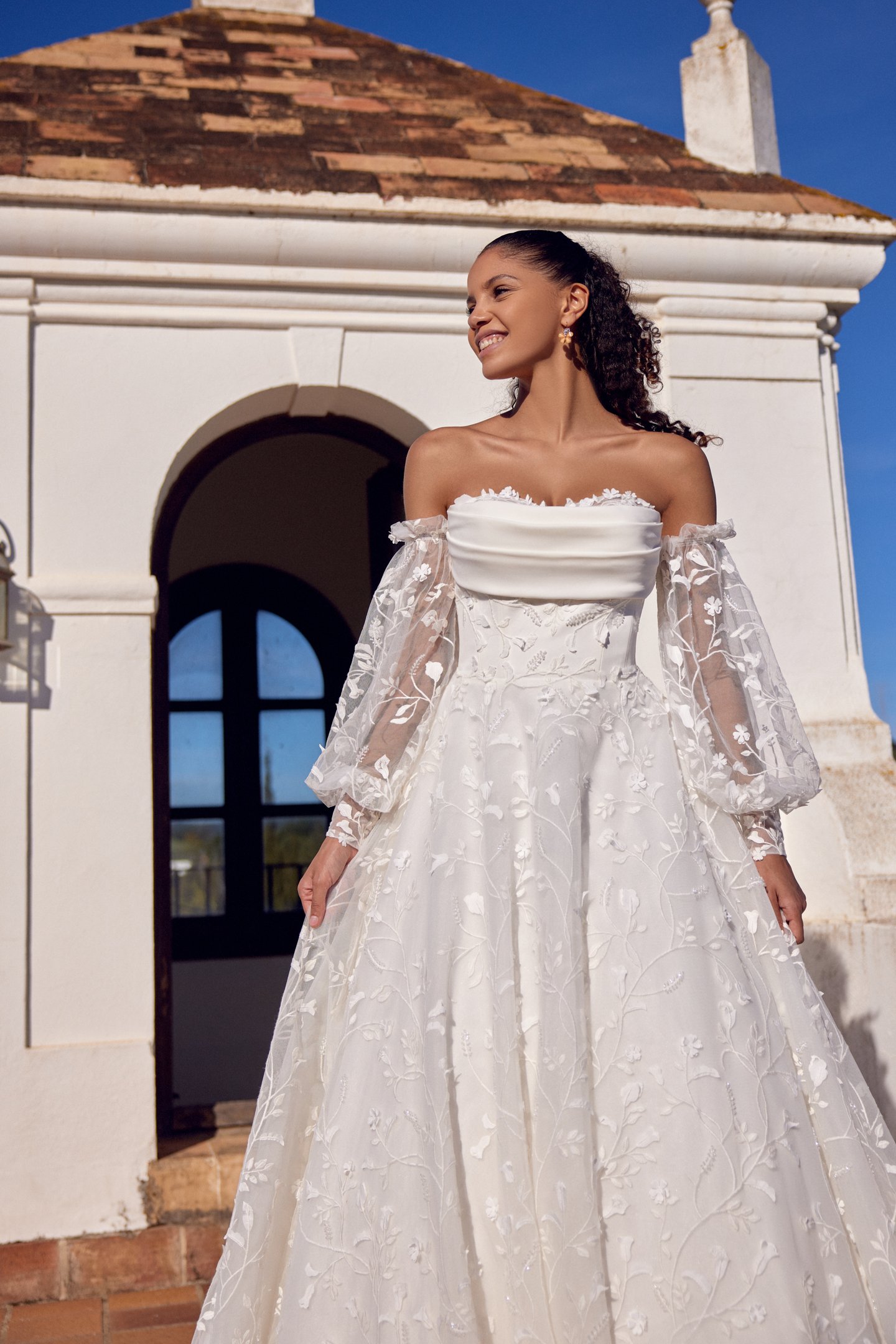 Lillian West Style 66413 A-Line Gown with Peekaboo Lace Detail and Allover Embroidered Lace