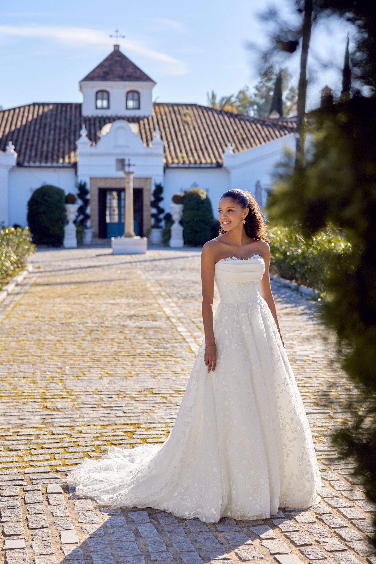 Lillian West Style 66413 A-Line Gown with Peekaboo Lace Detail and Allover Embroidered Lace