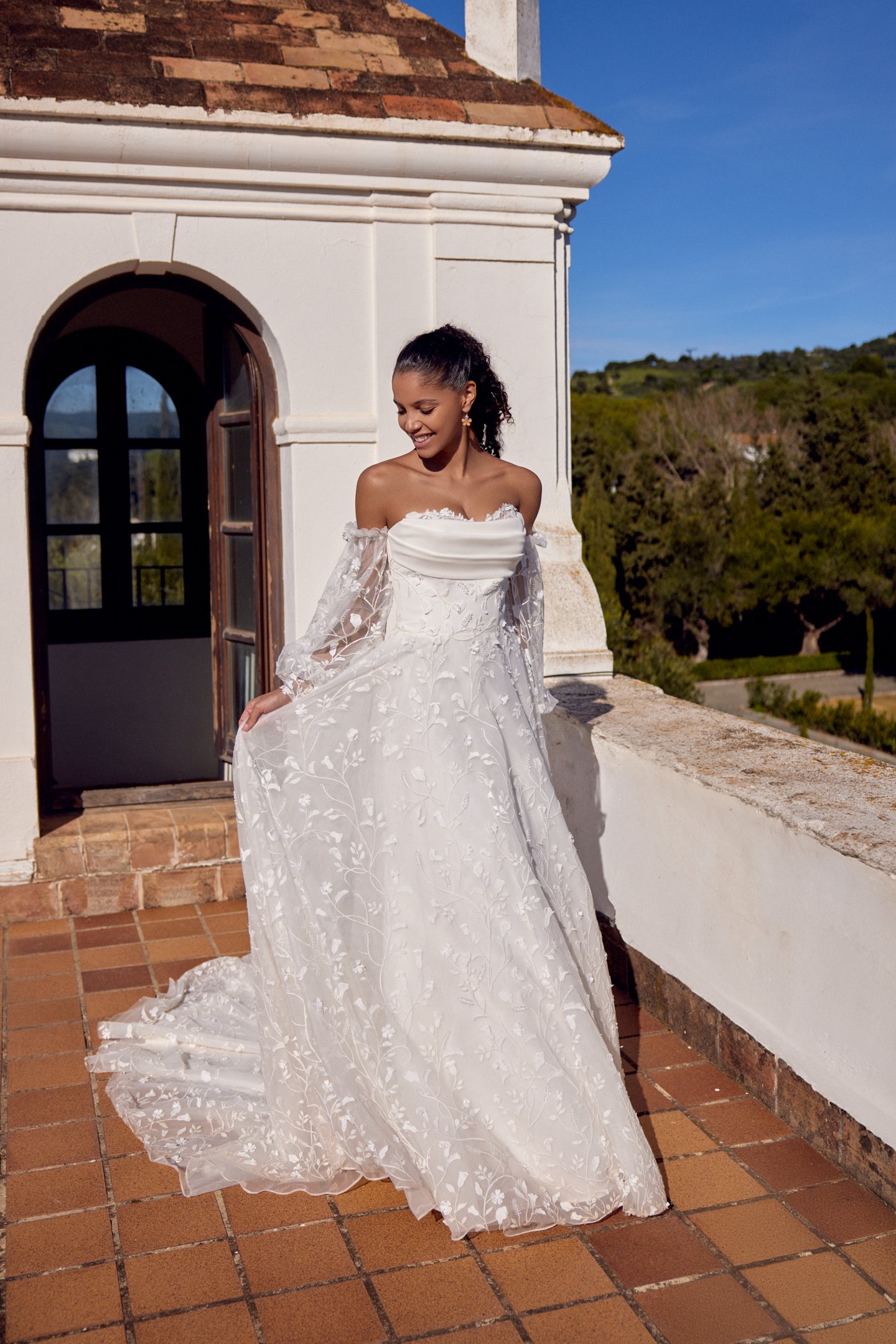 Lillian West Style 66413 A-Line Gown with Peekaboo Lace Detail and Allover Embroidered Lace