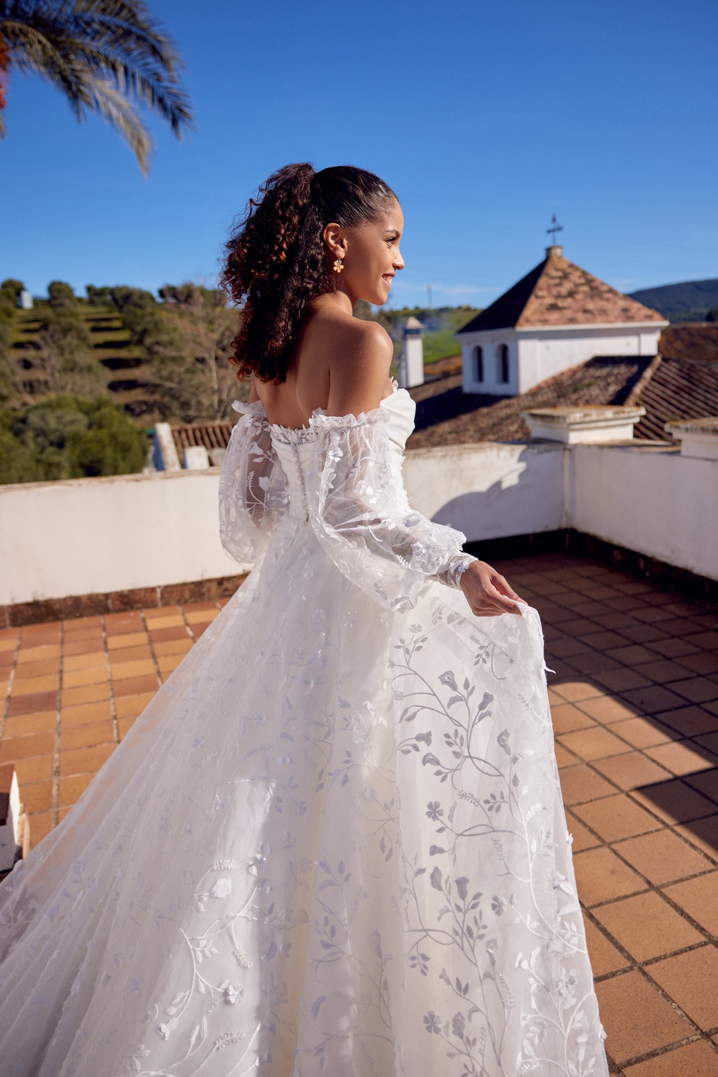 Lillian West Style 66413SL Detachable Off-the-Shoulder Allover Lace Embroidery Blouson Sleeves