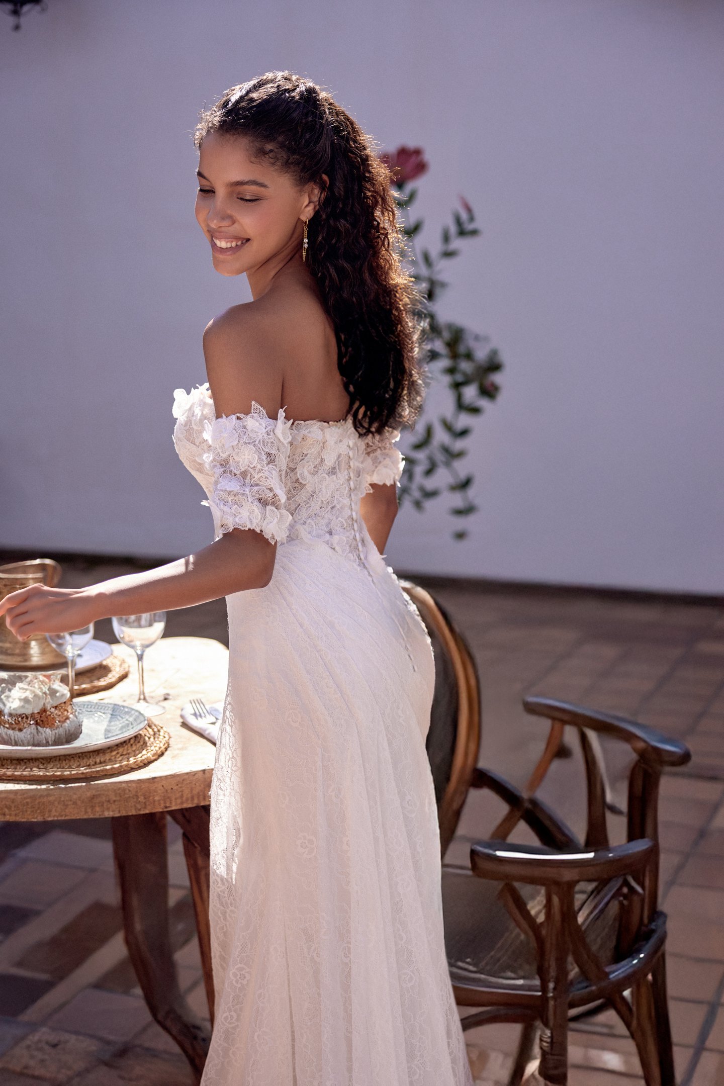 Lillian West Style 66414 Chantilly Lace Fit and Flare with Soft Draped Bodice and Basque Waist