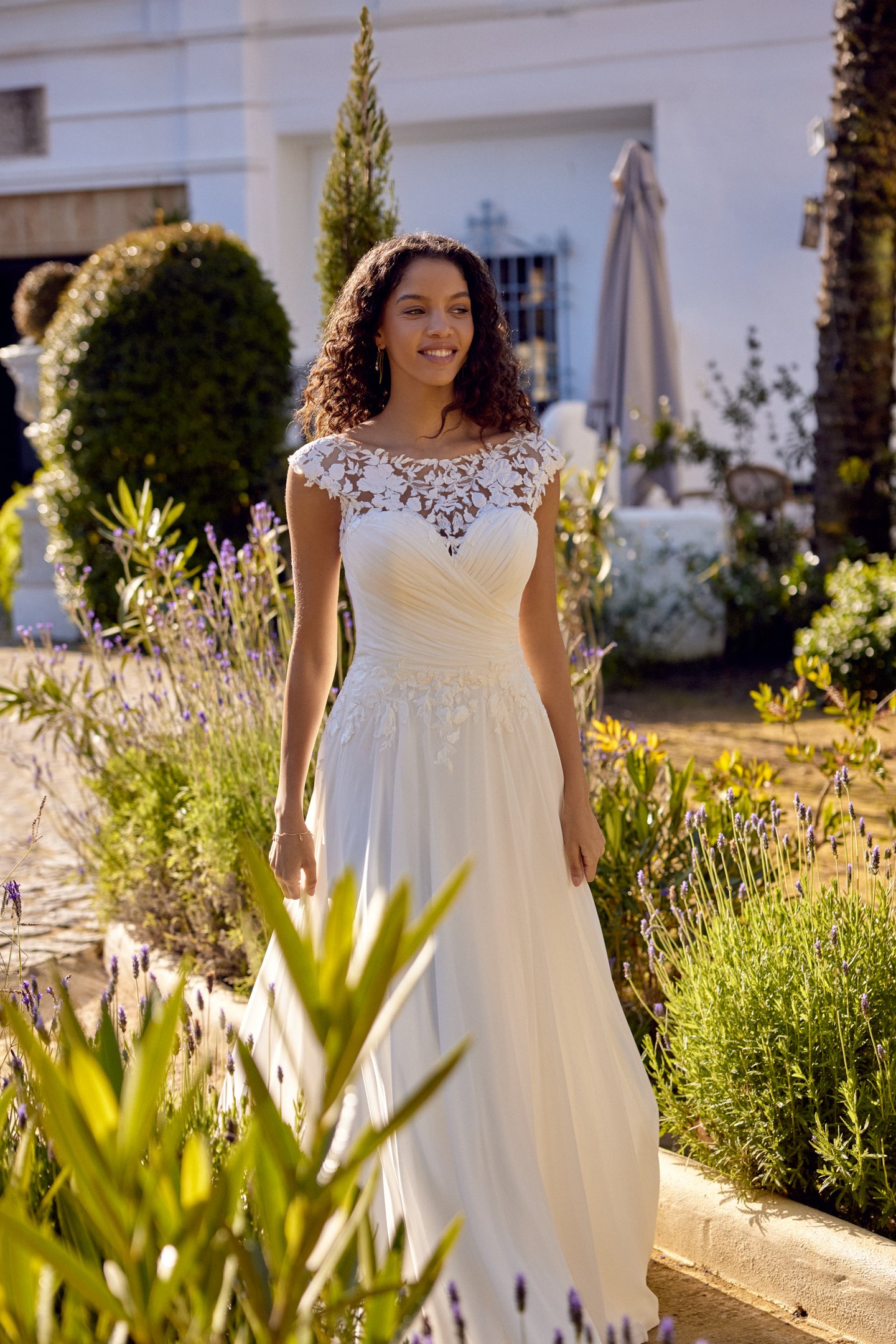 Lillian West Style 66415 Chiffon A-Line Gown with Illusion Sabrina Sweetheart Neckline
