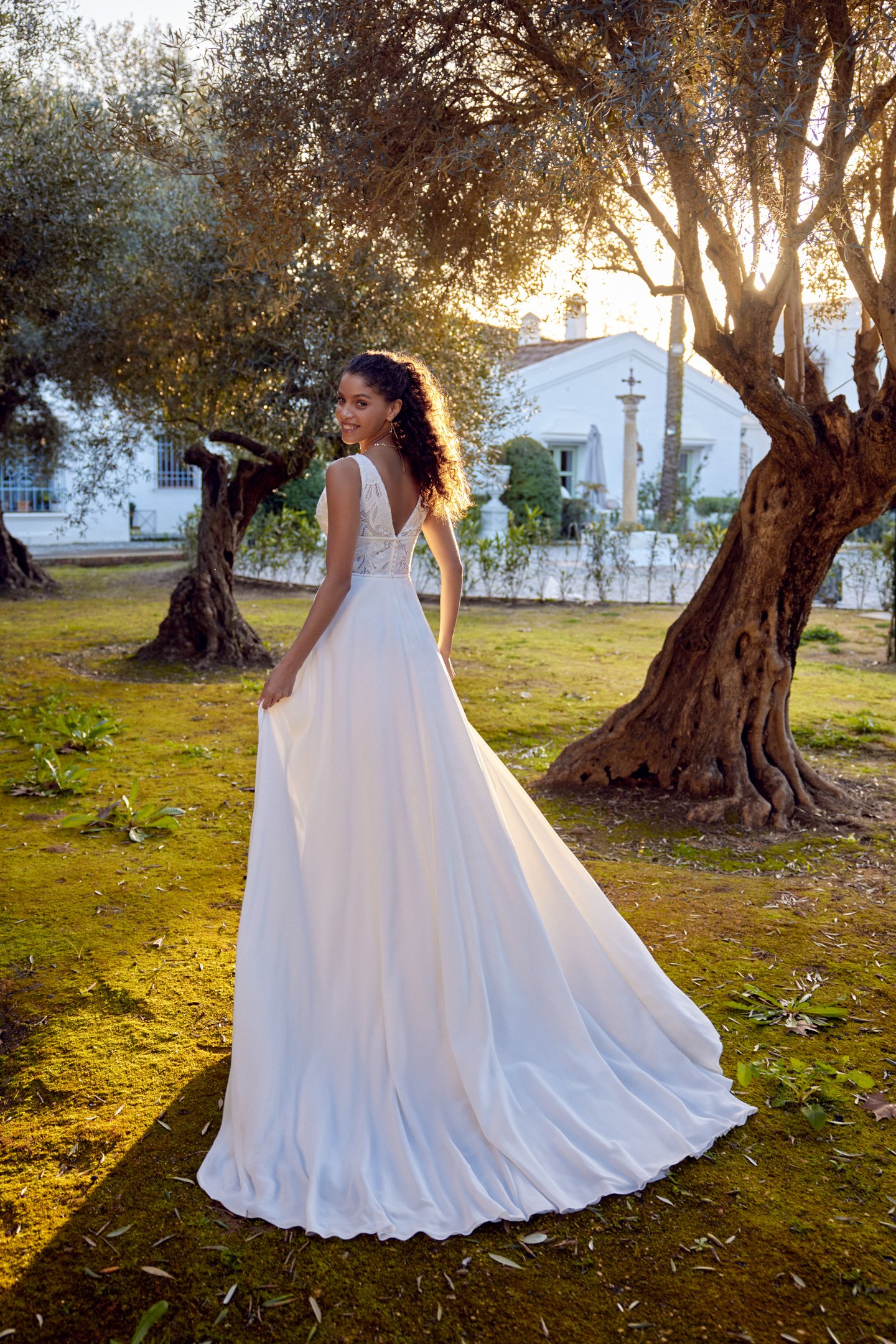 Lillian West Style 66419 Chiffon A-Line Gown with V-Neckline and Inset Waistband