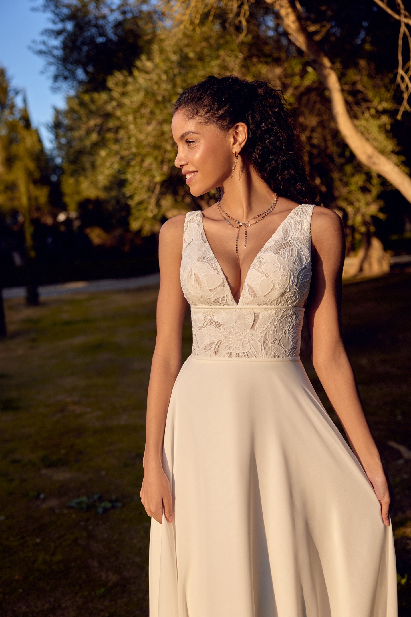 Lillian West Style 66419 Chiffon A-Line Gown with V-Neckline and Inset Waistband