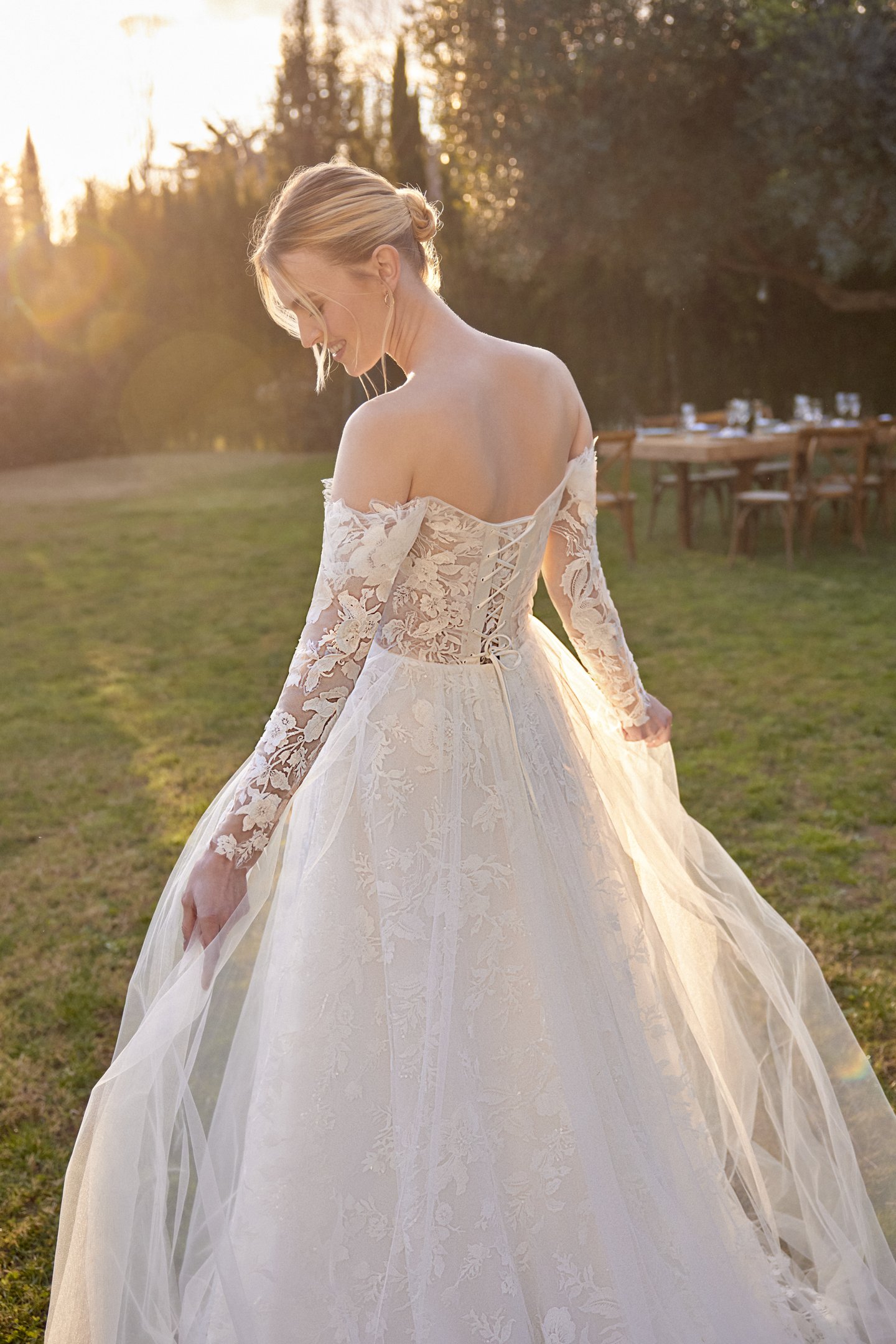 Lillian West Style 66420 Tulle A-Line with Straight Neckline and Off-the-Shoulder Long Sleeves