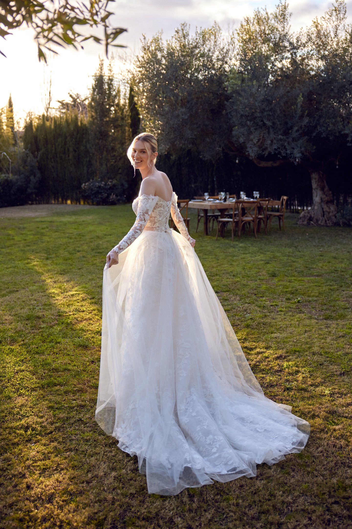 Lillian West Style 66420 Tulle A-Line with Straight Neckline and Off-the-Shoulder Long Sleeves