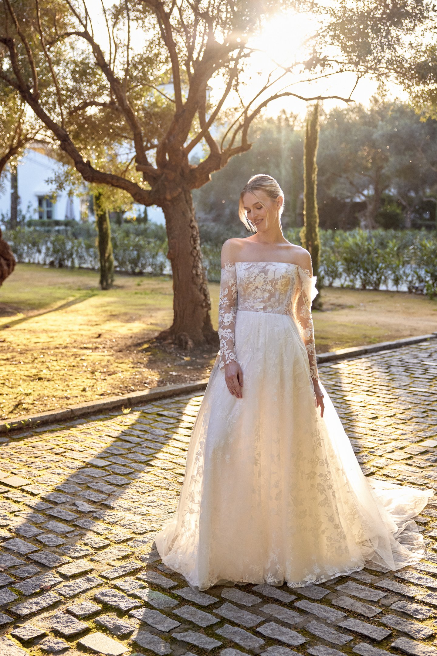 Lillian West Style 66420 Tulle A-Line with Straight Neckline and Off-the-Shoulder Long Sleeves