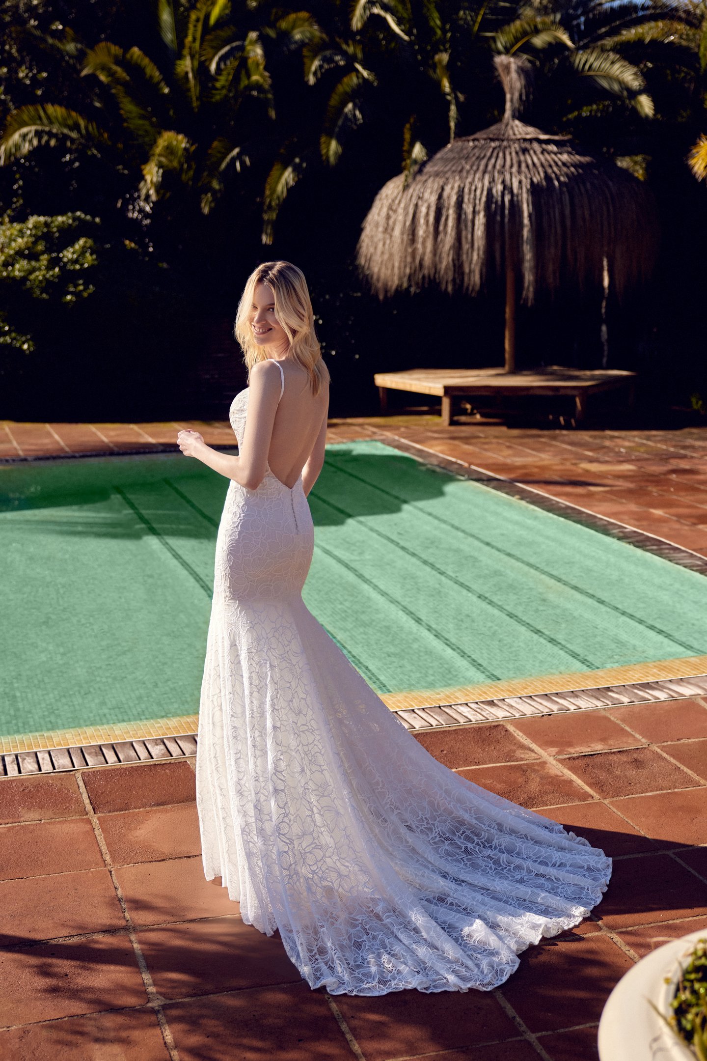Lillian West Style 66421 Allover Matte Cotton Lace Fit and Flare Gown with Cowl Neckline