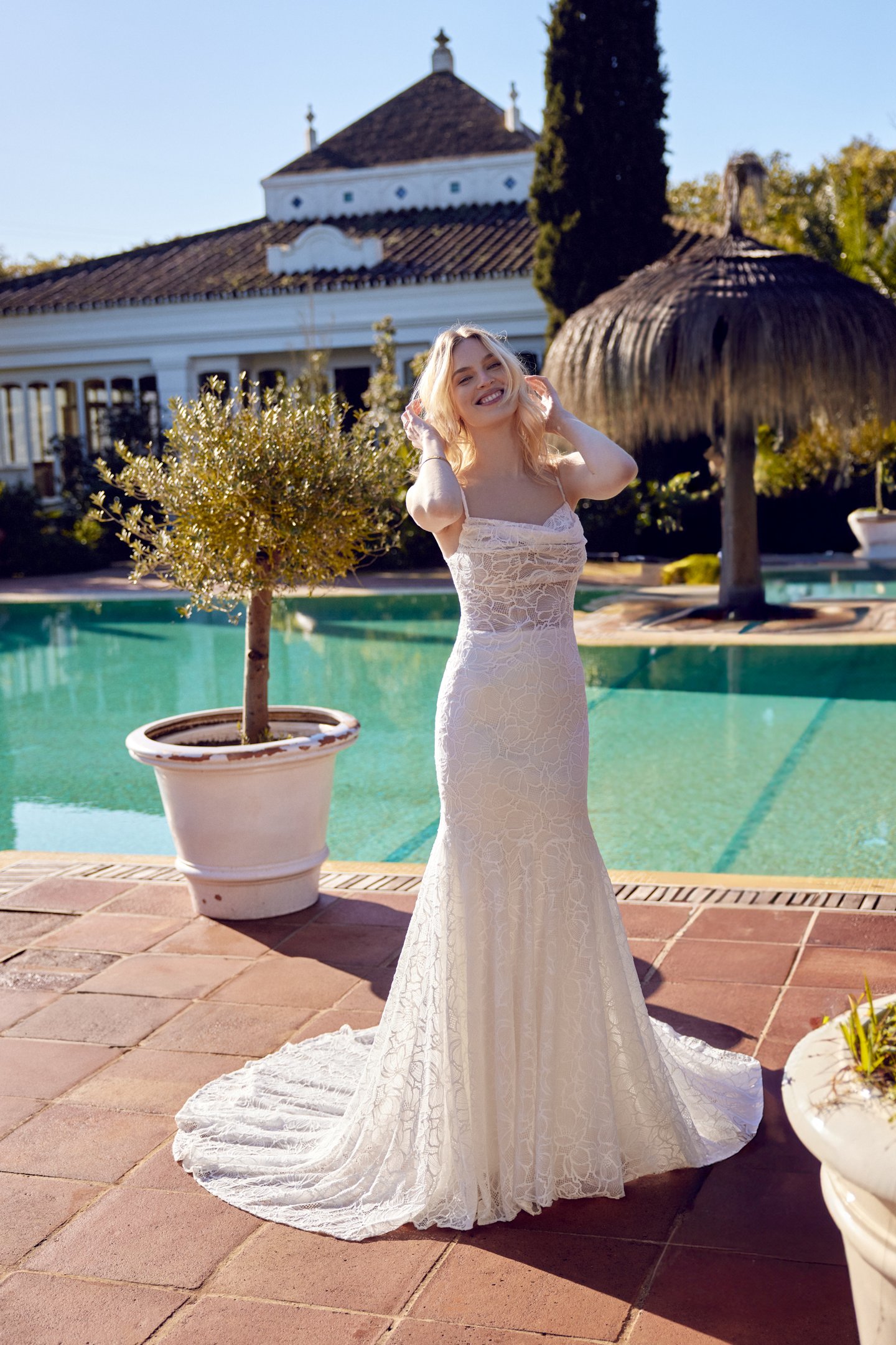 Lillian West Style 66421 Allover Matte Cotton Lace Fit and Flare Gown with Cowl Neckline