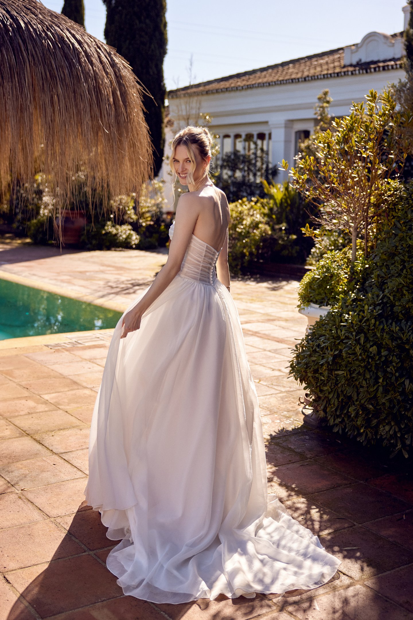 66423: A-Line Textured Organza Strapless Gown with Dropped