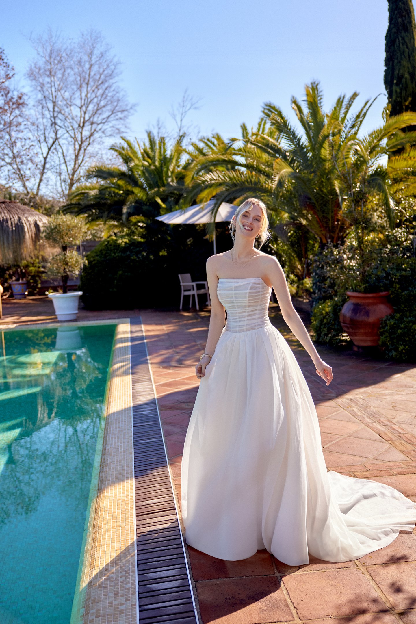 strapless open back dress Strapless Pleated Organza Formal Gown with Cape Shawl and A-Line Skirt –  AS032 – Viniodress main image 0
