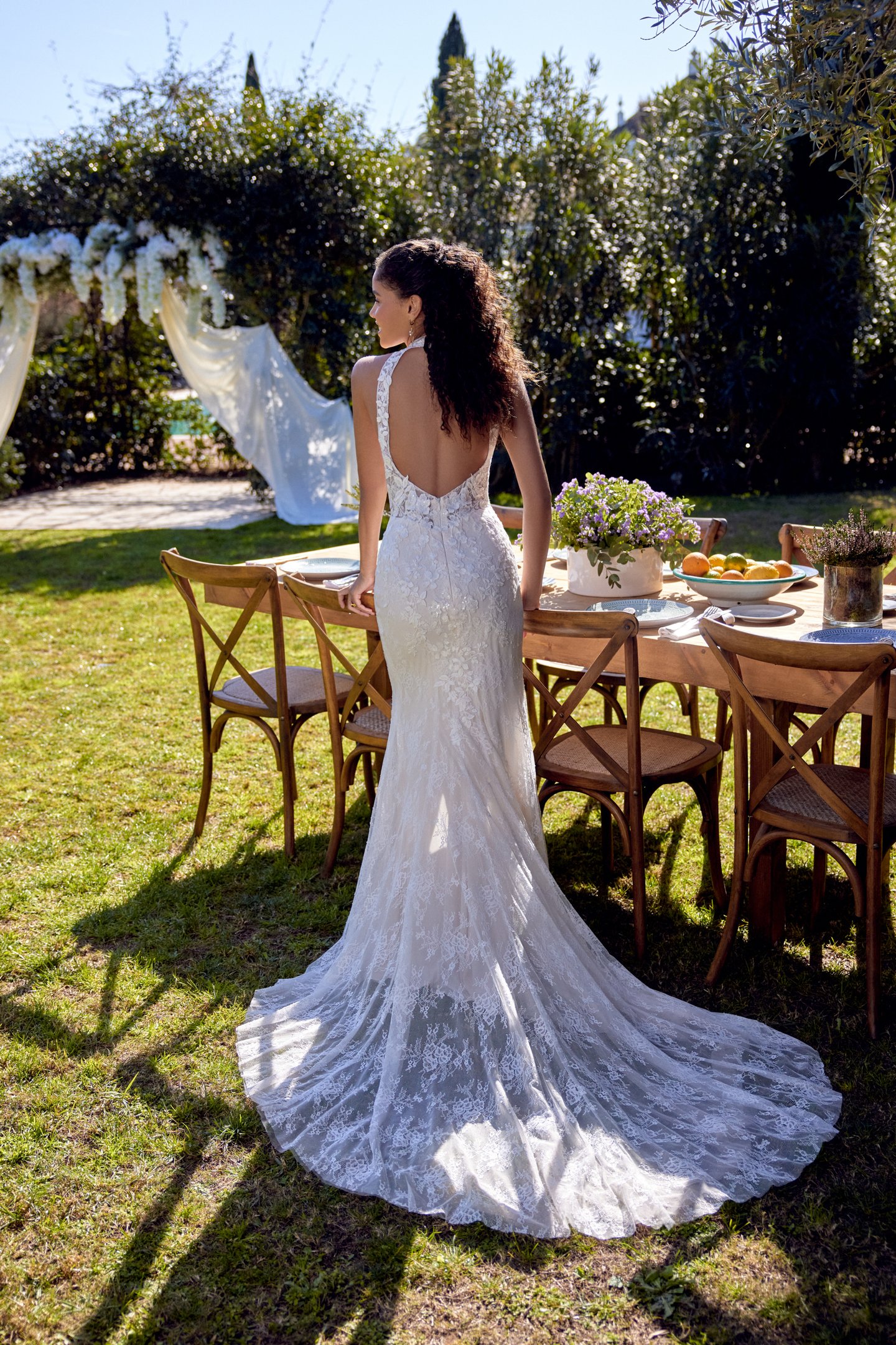Lillian West Style 66424 Allover Lace Fit and Flare with High Neckline and Keyhole Back