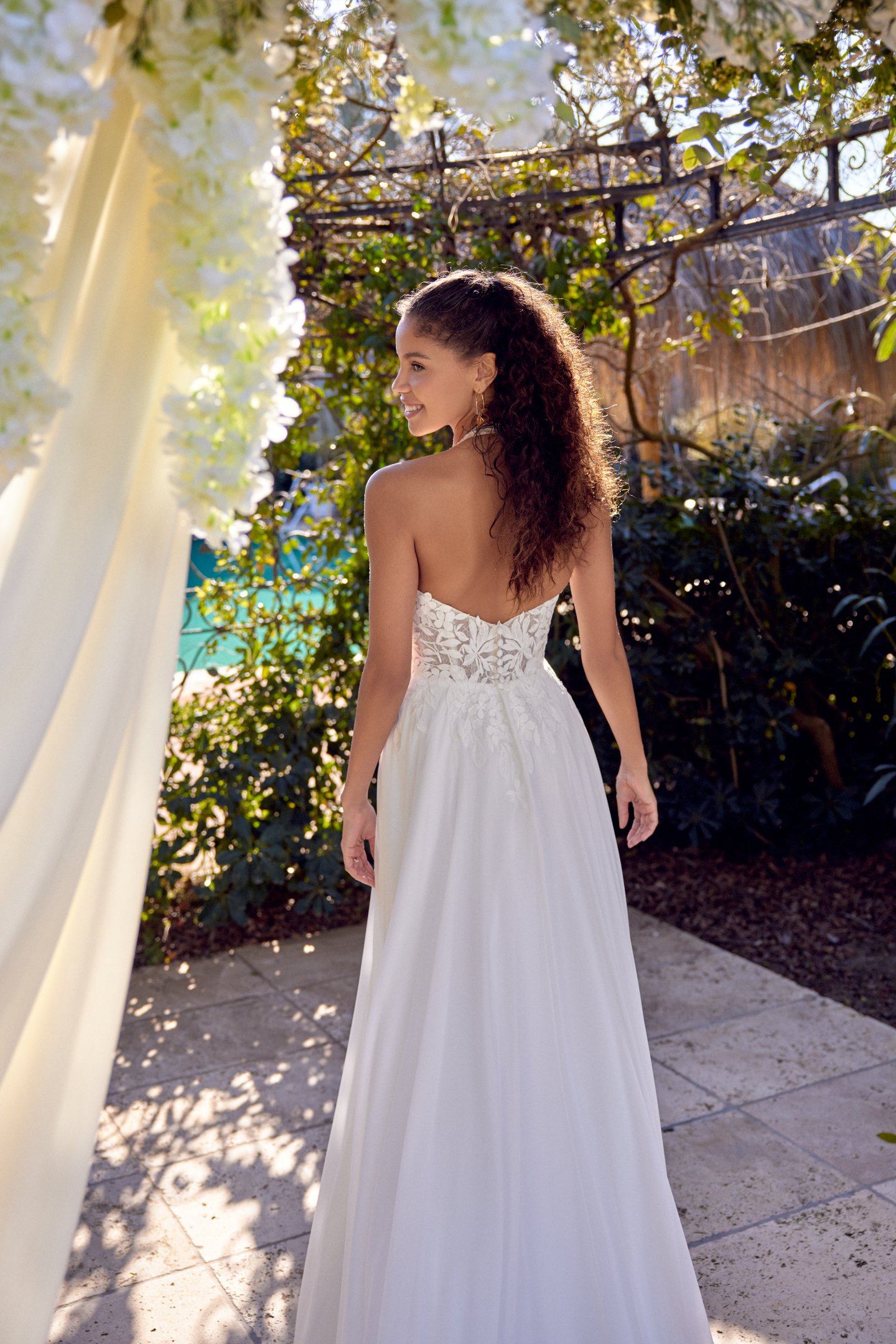 Lillian West Style 66425 Chiffon A-Line Gown with Halter Neckline and Chapel Length Train