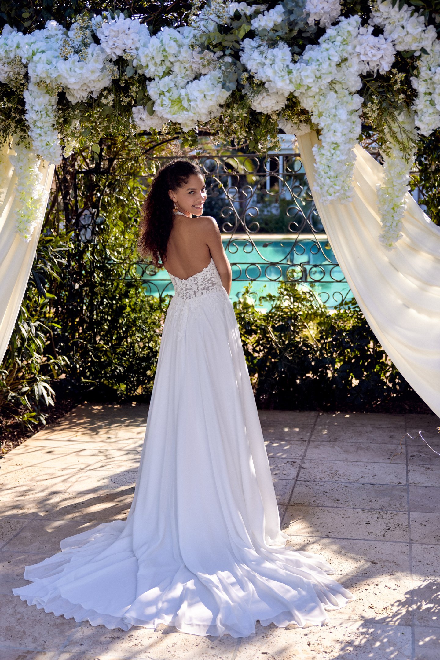 Lillian West Style 66425 Chiffon A-Line Gown with Halter Neckline and Chapel Length Train