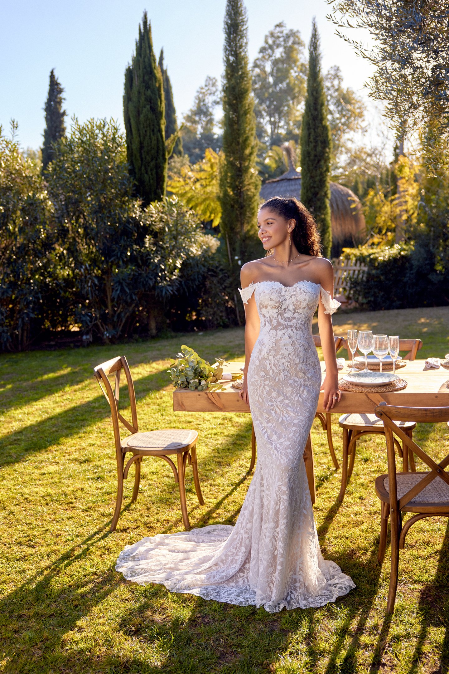 Lillian West Style 66429 Allover Chantilly Lace Fit and Flare with Modified Sweetheart Neckline