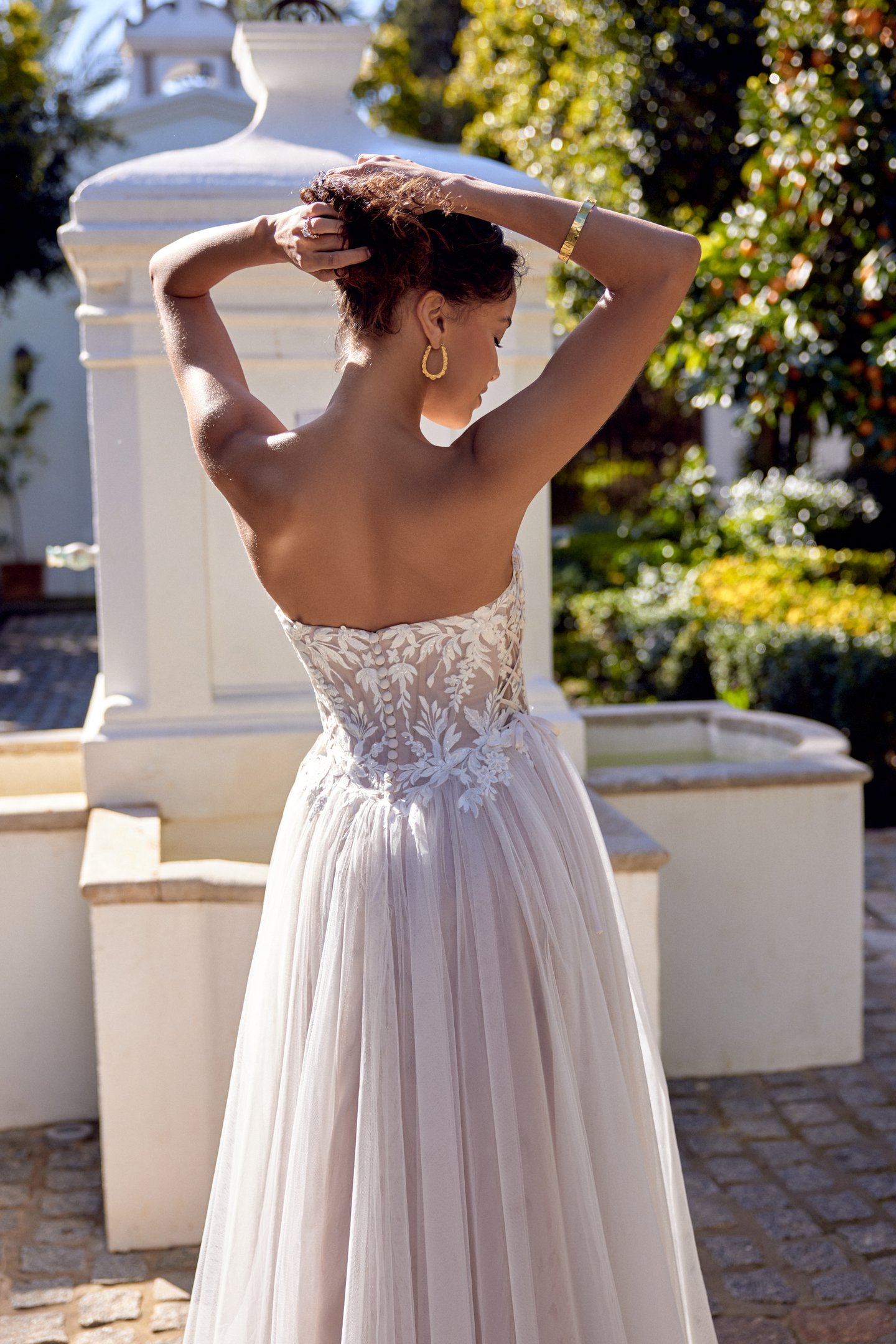 Lillian West Style 66430 Tulle A-Line with 3D Appliqués and Basque Waist with Lace Up Details