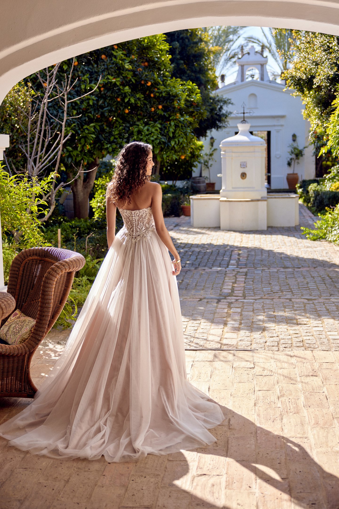 Lillian West Style 66430 Tulle A-Line with 3D Appliqués and Basque Waist with Lace Up Details