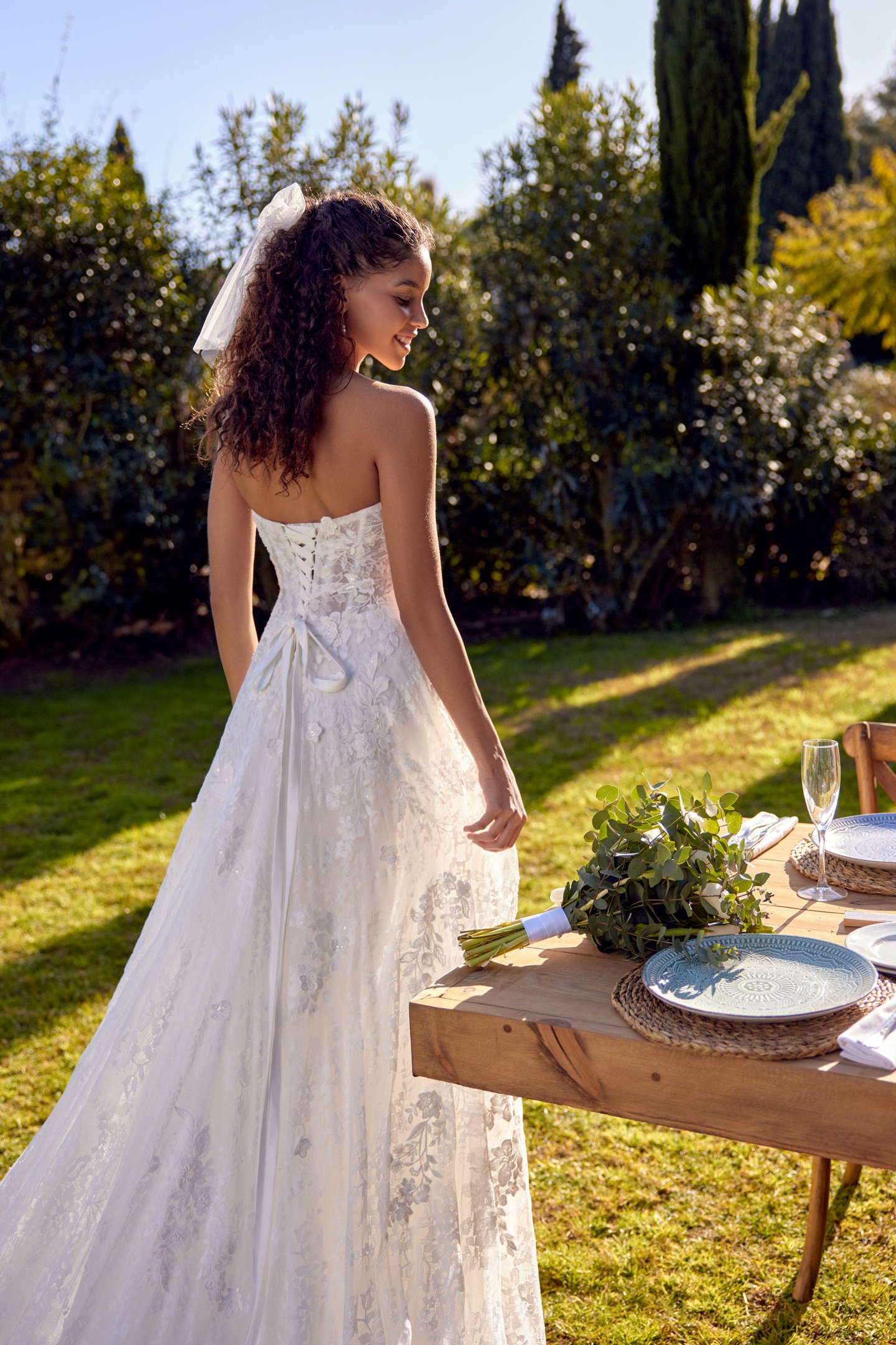 Lillian West Style 66432 Allover Chantilly Lace A-Line Gown with Sheer Bodice & Lace Appliqués