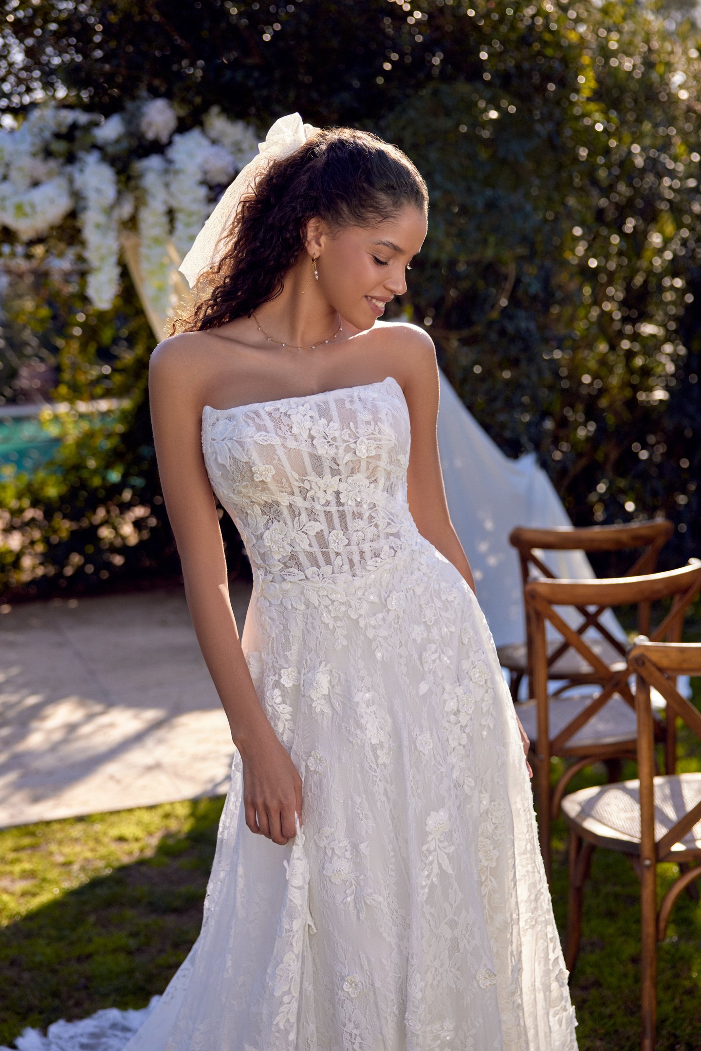 Lillian West Style 66432 Allover Chantilly Lace A-Line Gown with Sheer Bodice & Lace Appliqués