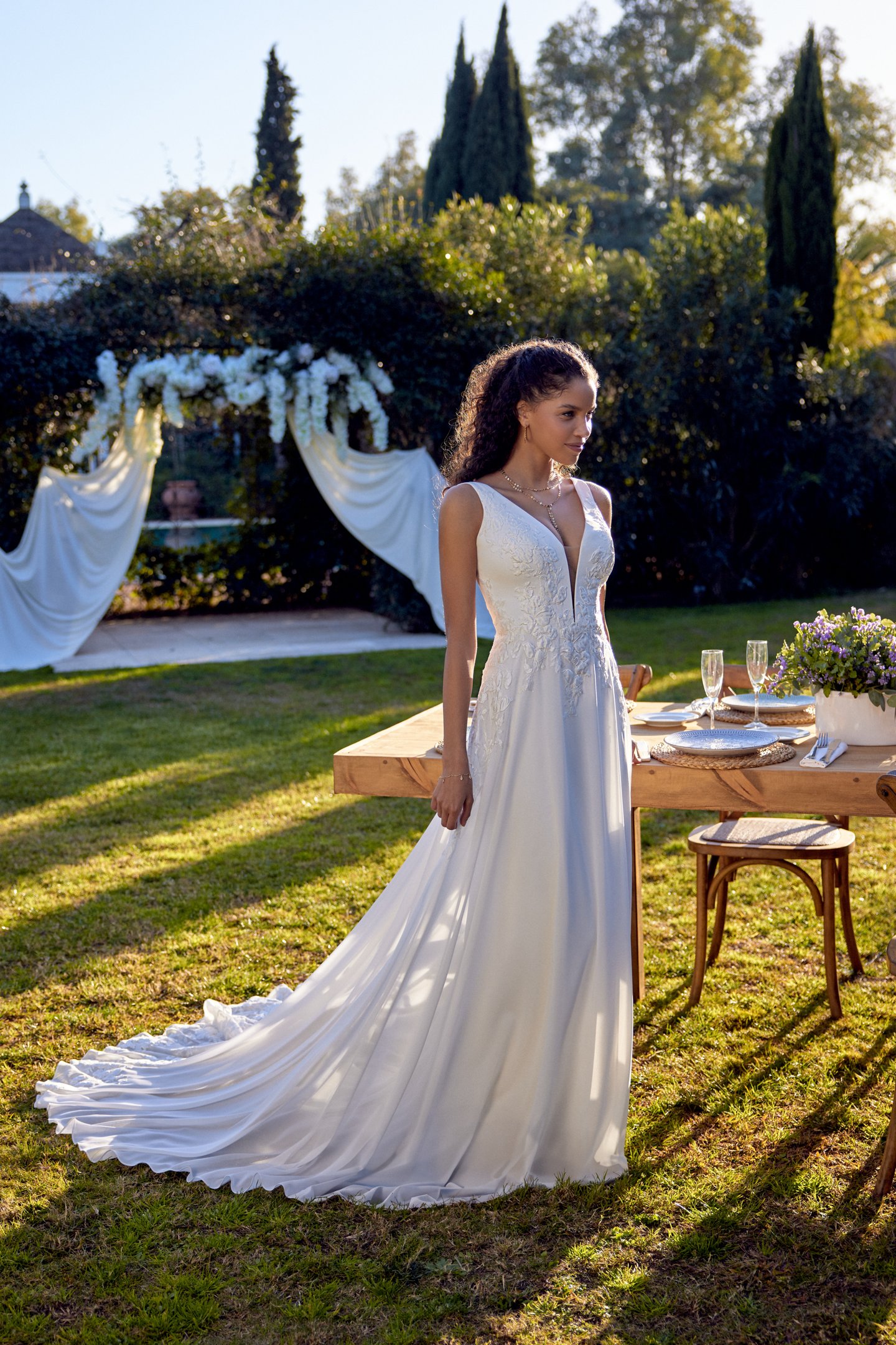 Lillian West Style 66433 Chiffon A-Line Gown with Plunging V-Neckline and Lace Appliqués