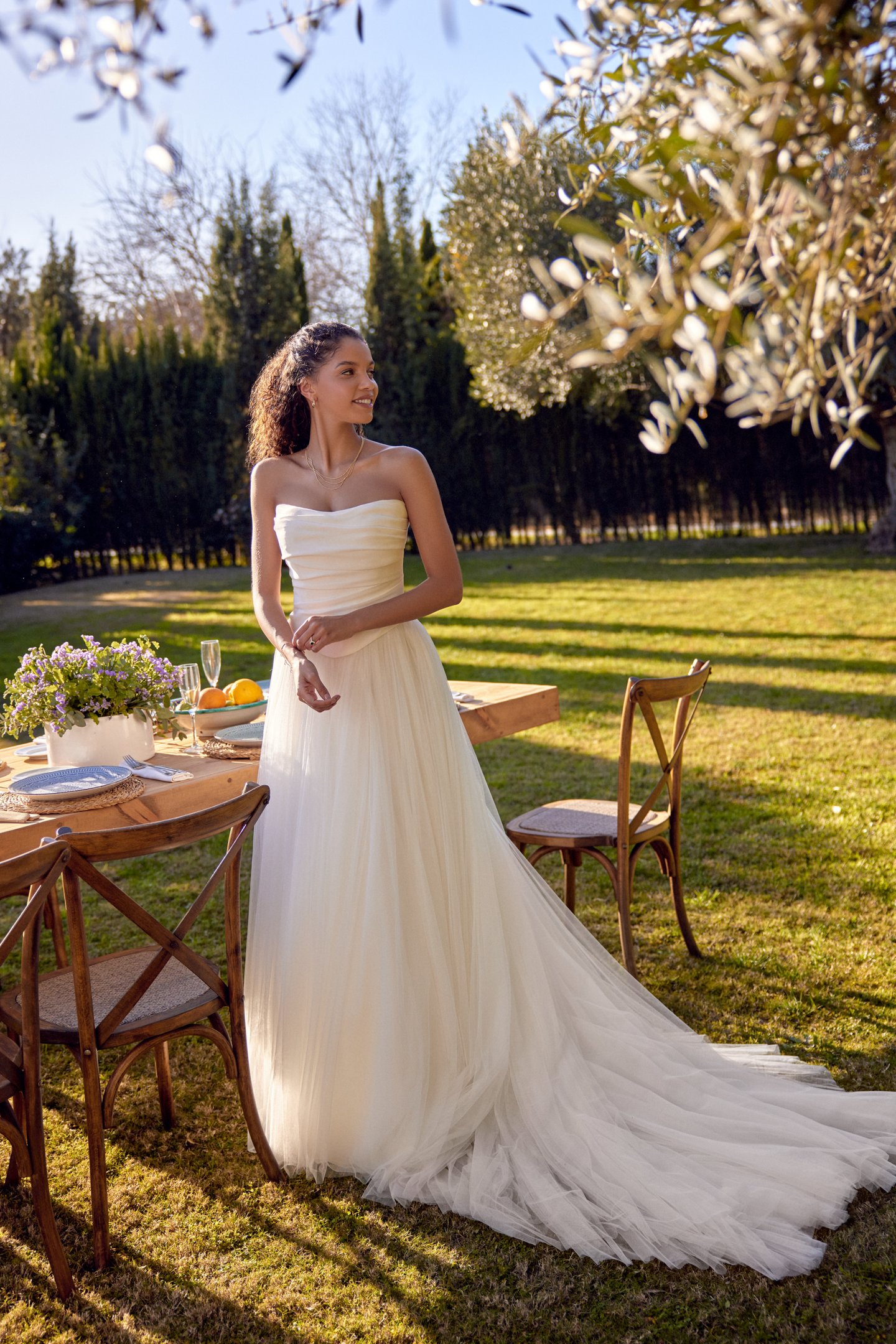 Lillian West Style 66435 Faux Two-Piece A-Line Gown with Crepe Bodice and English Net Skirt