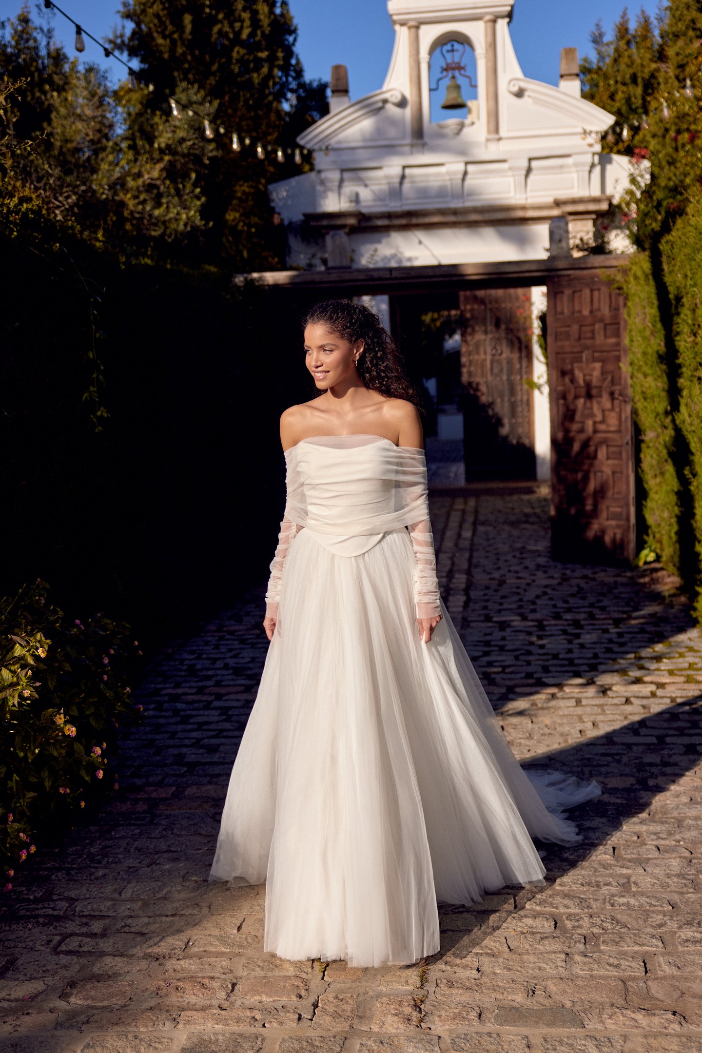 Lillian West Style 66435 Faux Two-Piece A-Line Gown with Crepe Bodice and English Net Skirt