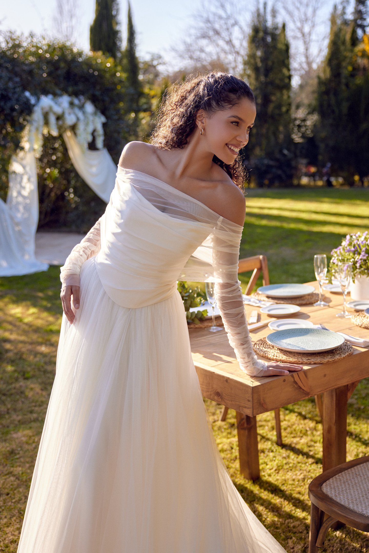 Lillian West Style 66435 Faux Two-Piece A-Line Gown with Crepe Bodice and English Net Skirt