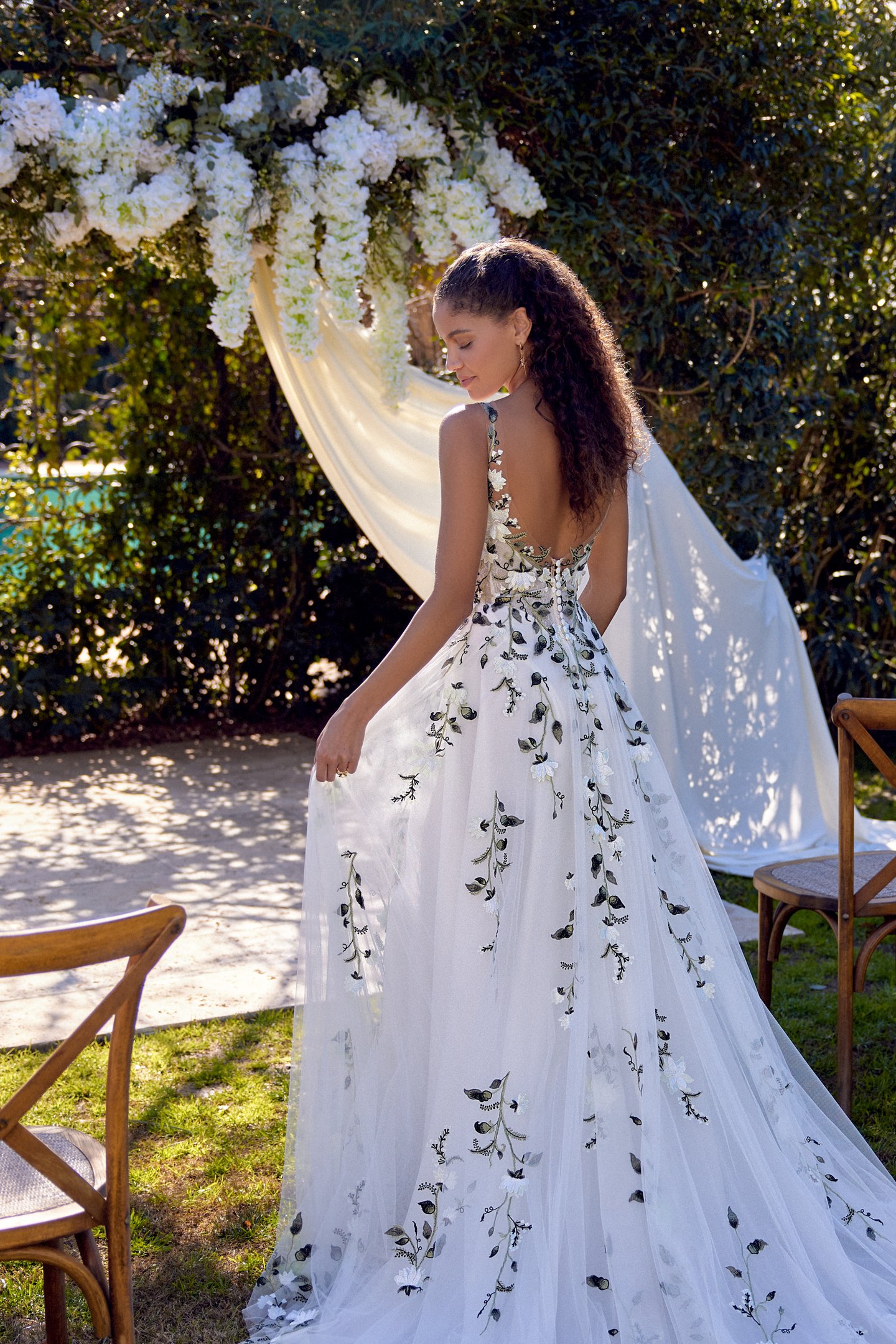 Lillian West Style 66437 Tulle A-Line Gown with Illusion Sabrina Neckline and Green Appliqués