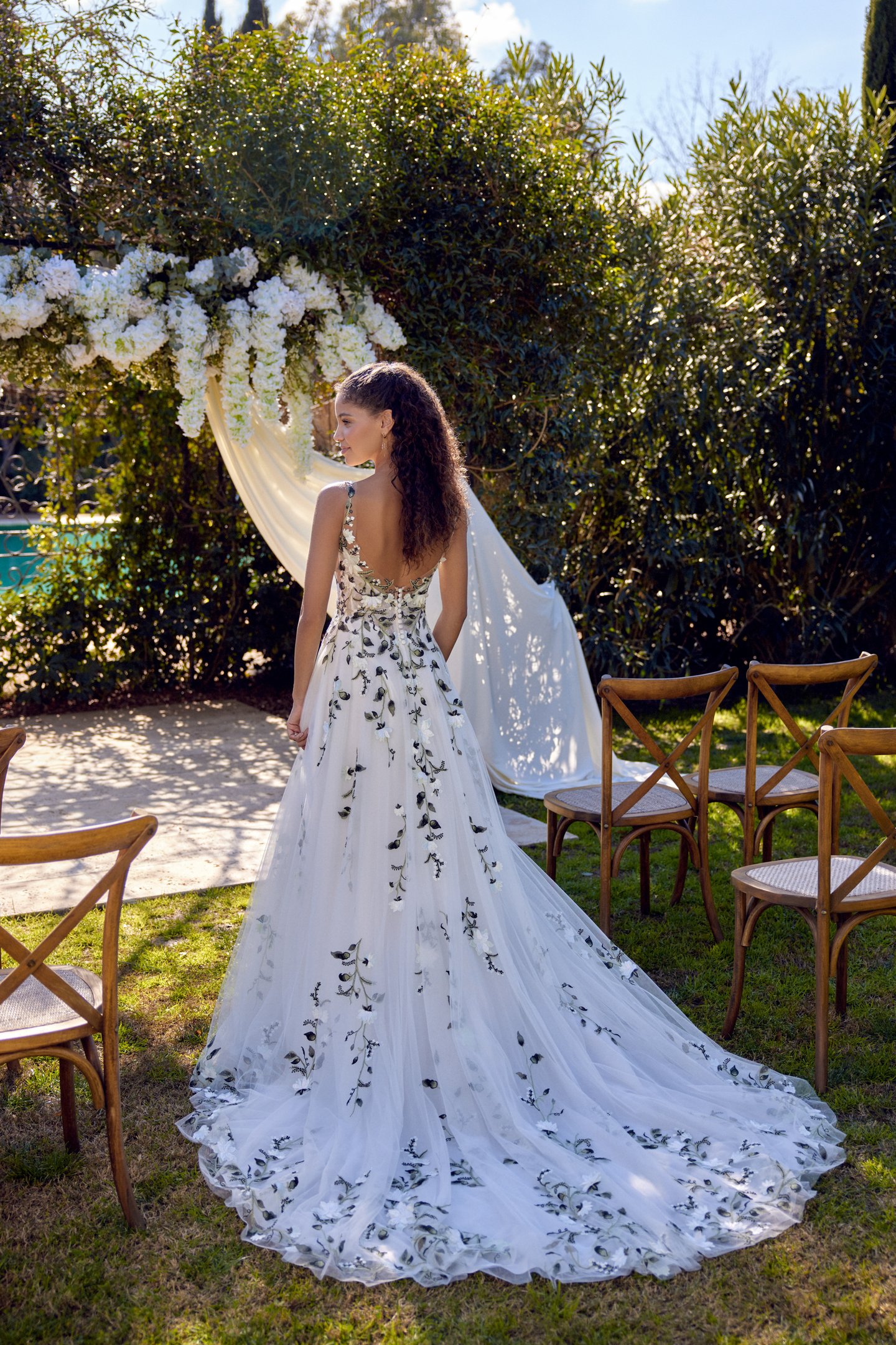 Lillian West Style 66437 Tulle A-Line Gown with Illusion Sabrina Neckline and Green Appliqués