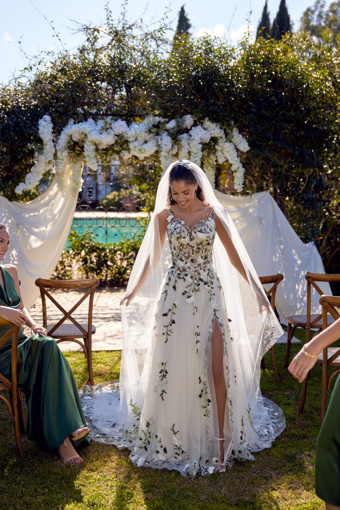 Lillian West Style 66437 Tulle A-Line Gown with Illusion Sabrina Neckline and Green Appliqués