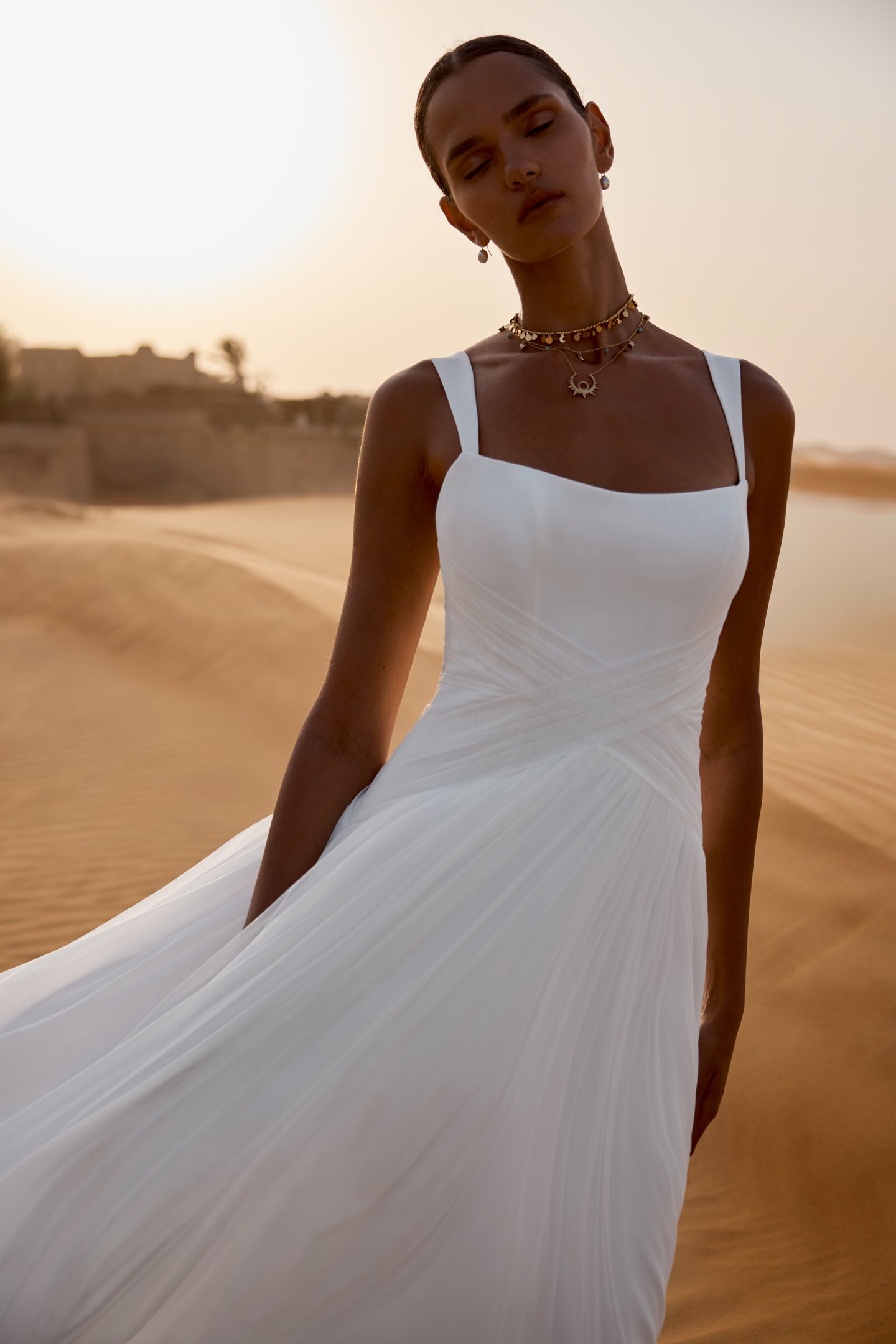 Lillian West Style 66471 Square Neckline Bridal Dress with Tulle Crisscross Detailing over Waistline and Soft A-Line Tulle Skirt