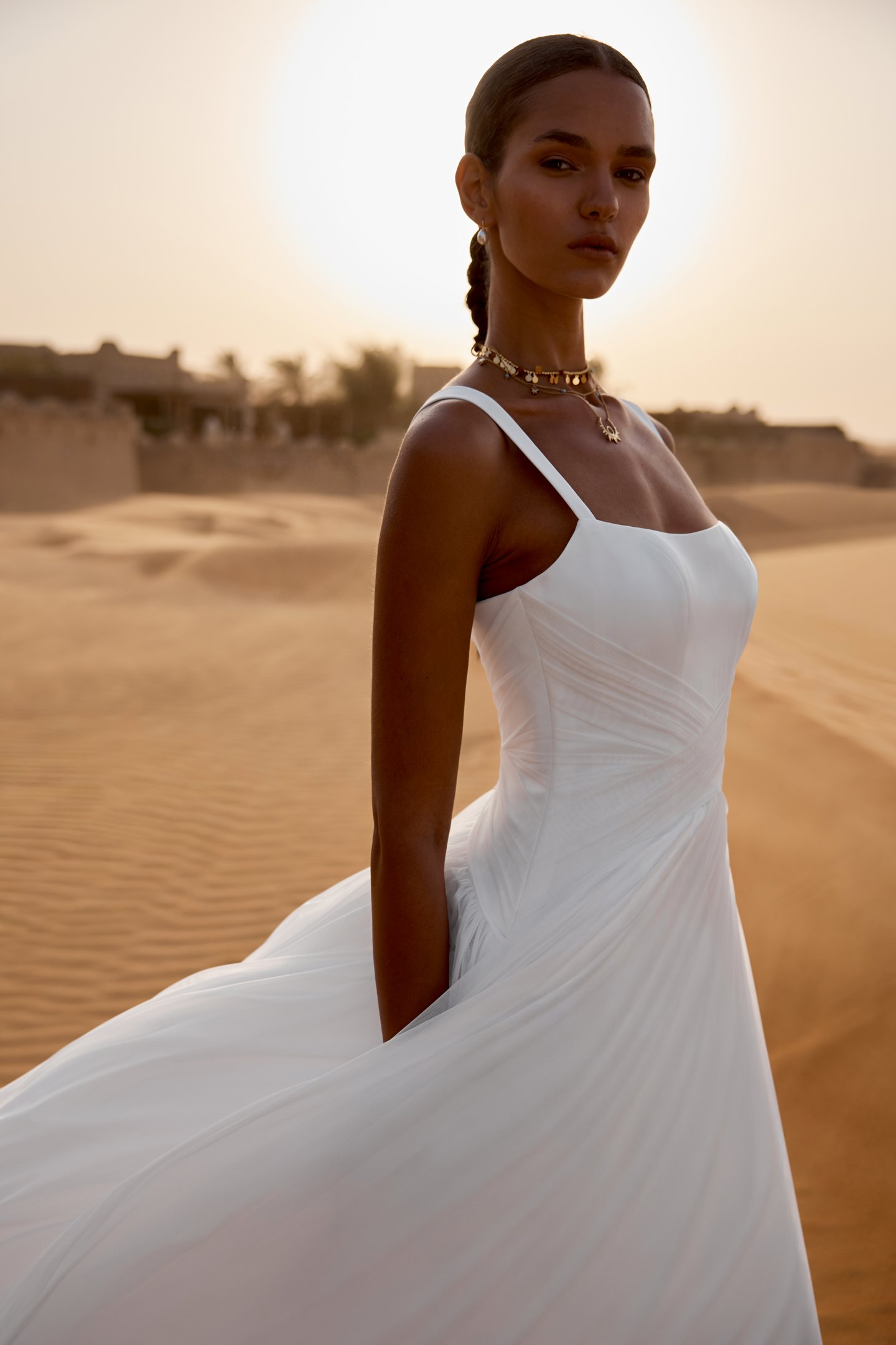 Lillian West Style 66471 Square Neckline Bridal Dress with Tulle Crisscross Detailing over Waistline and Soft A-Line Tulle Skirt
