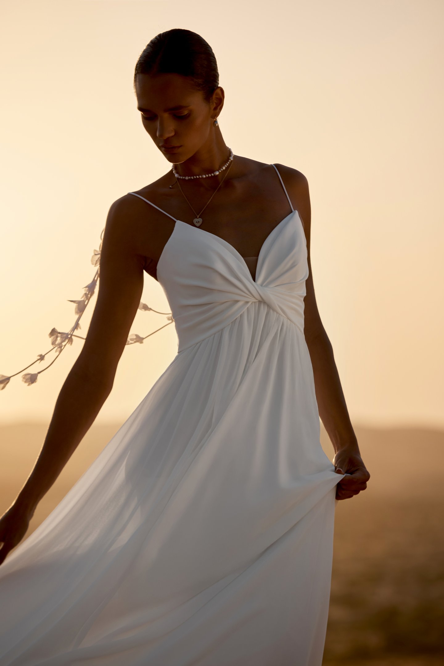 Lillian West Style 66472 A-Line Gown with Bikini Neckline, Crepe Bodice with Pleated Knot and Crepe Bows with Chiffon Petals