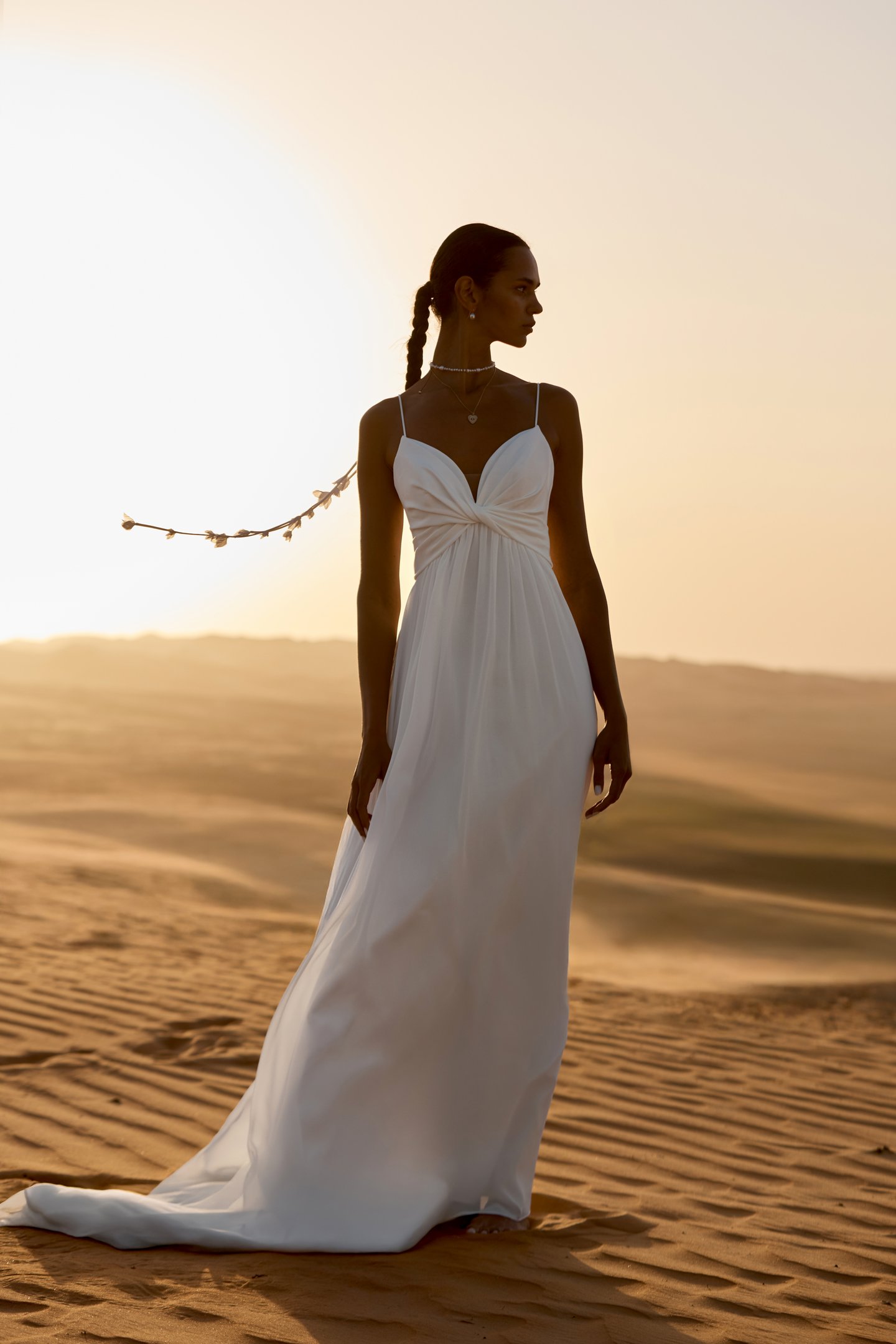 Lillian West Style 66472 A-Line Gown with Bikini Neckline, Crepe Bodice with Pleated Knot and Crepe Bows with Chiffon Petals