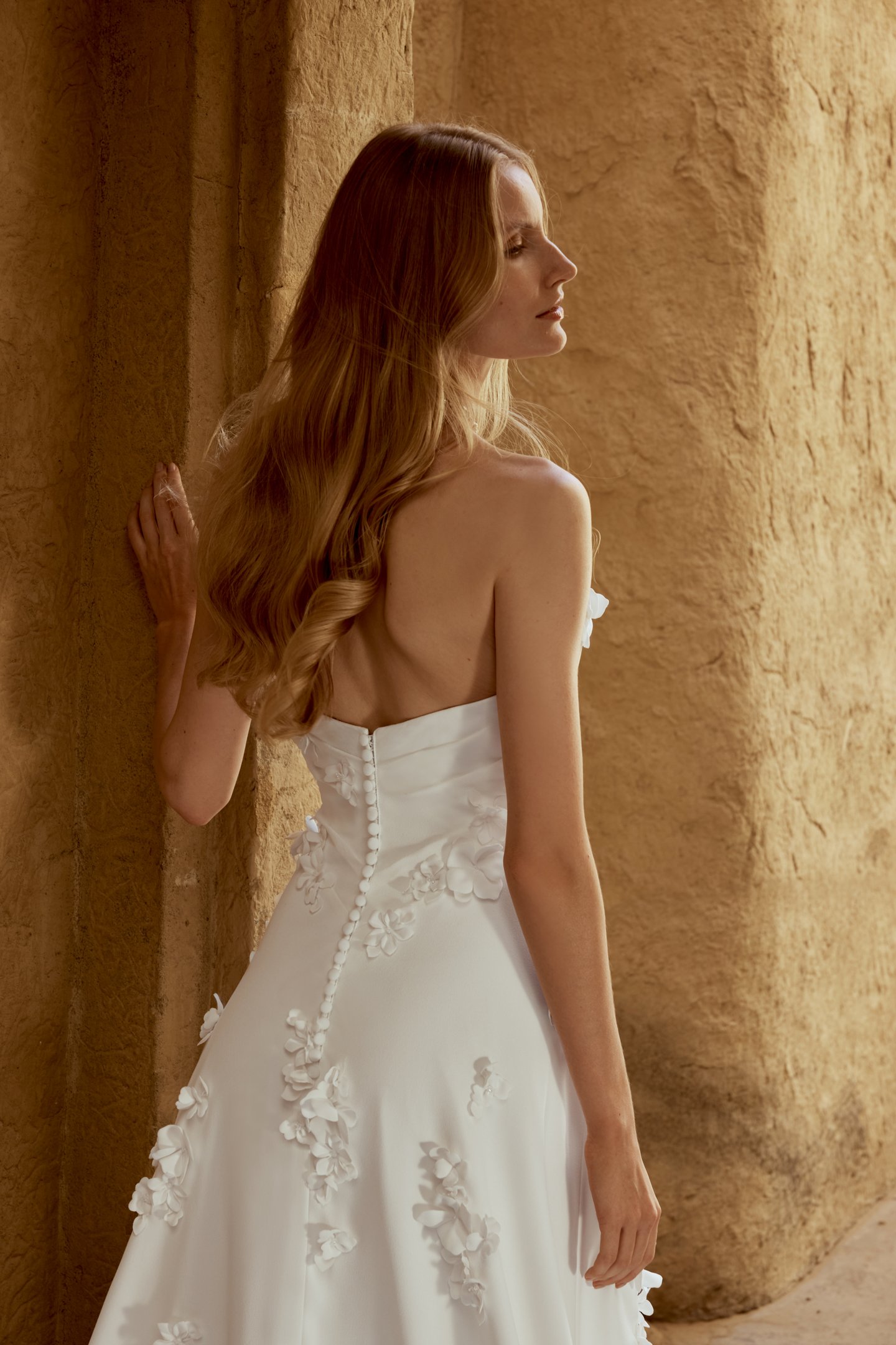 Lillian West Style 66473 Sweetheart Strapless Crepe Gown with Delicate Pleating on Bodice and 3D Floral Appliqués
