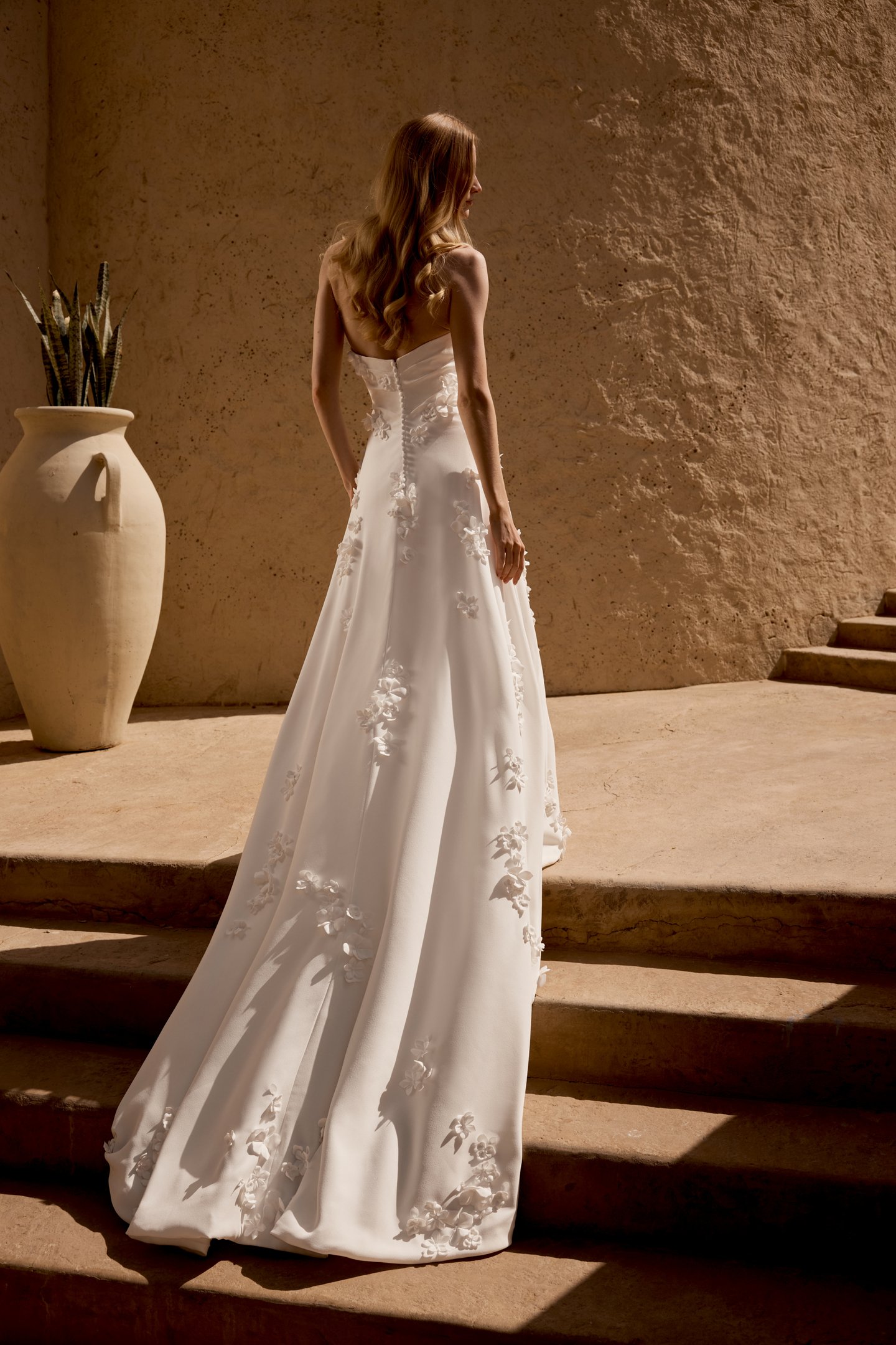 Lillian West Style 66473 Sweetheart Strapless Crepe Gown with Delicate Pleating on Bodice and 3D Floral Appliqués
