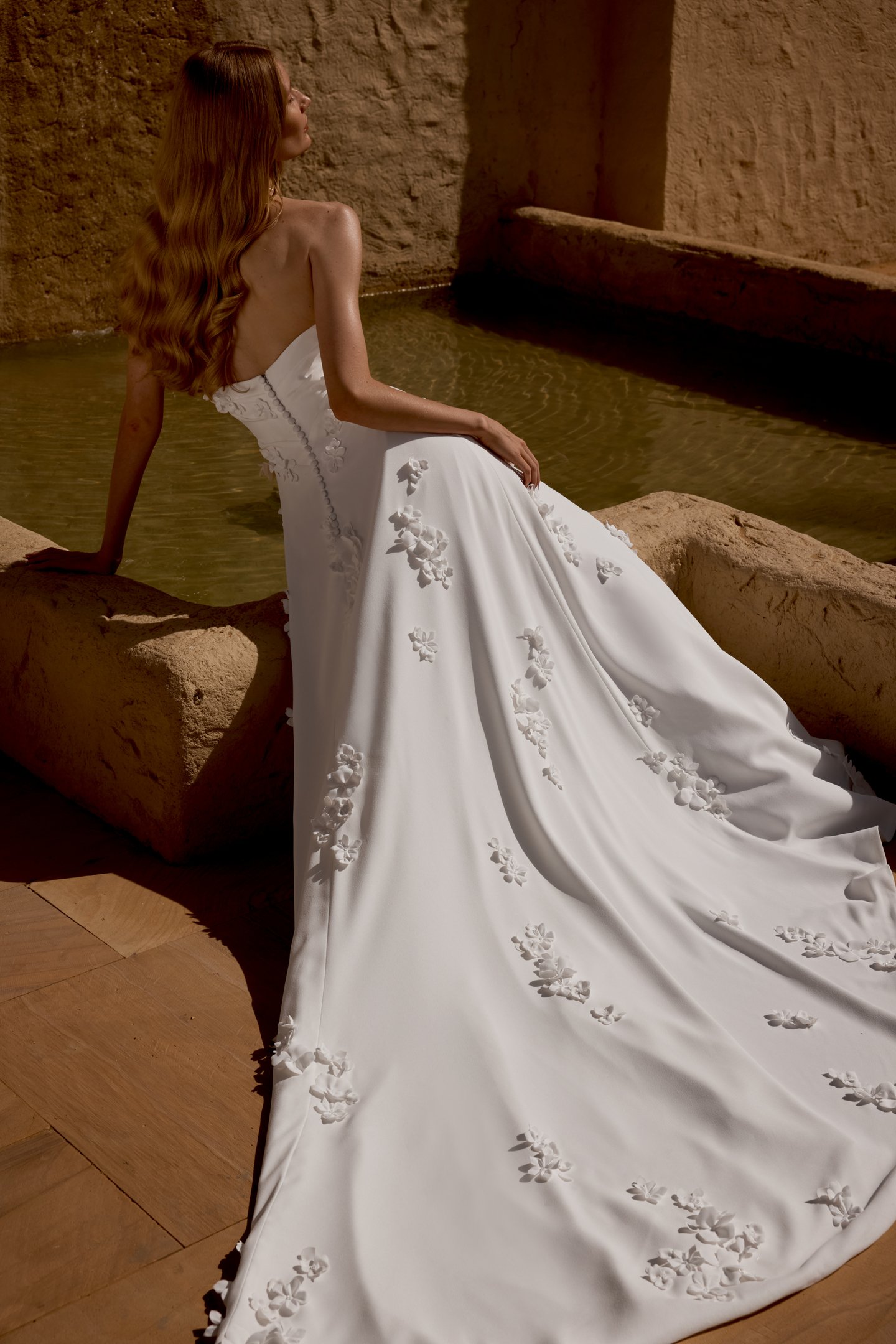 Lillian West Style 66473 Sweetheart Strapless Crepe Gown with Delicate Pleating on Bodice and 3D Floral Appliqués