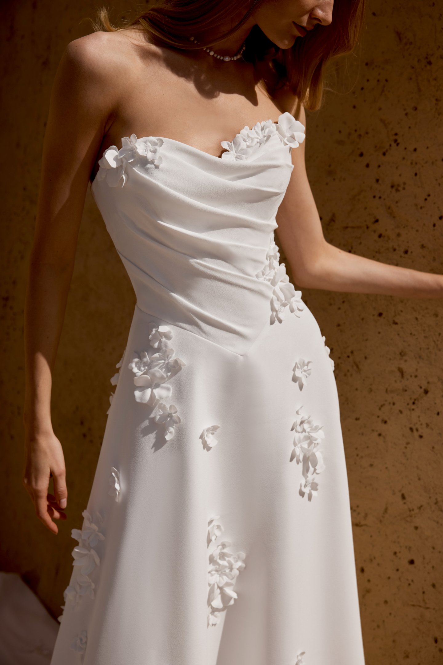 Lillian West Style 66473 Sweetheart Strapless Crepe Gown with Delicate Pleating on Bodice and 3D Floral Appliqués