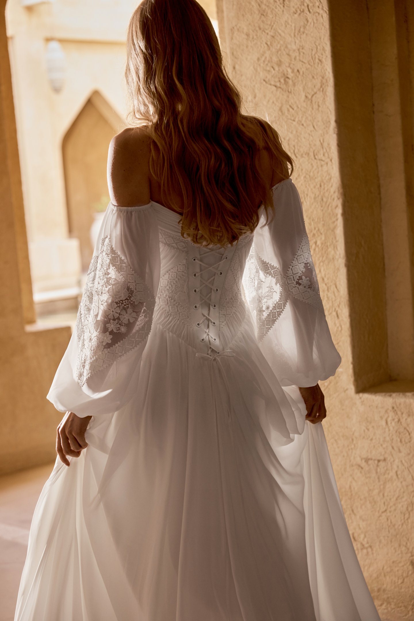 Lillian West Style 66474 Chiffon and Lace A-Line Gown with Pleat Detail on Bust and Matte Lace Appliqués