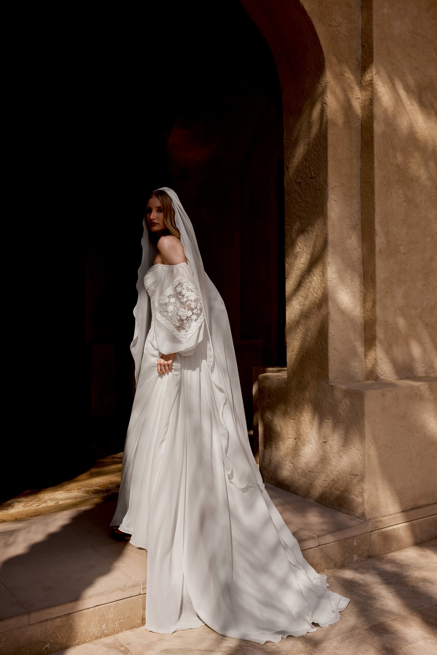 Lillian West Style 66474 Chiffon and Lace A-Line Gown with Pleat Detail on Bust and Matte Lace Appliqués