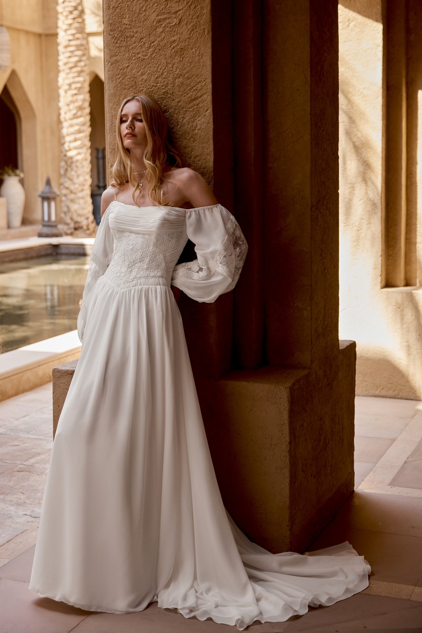 Lillian West Style 66474 Chiffon and Lace A-Line Gown with Pleat Detail on Bust and Matte Lace Appliqués