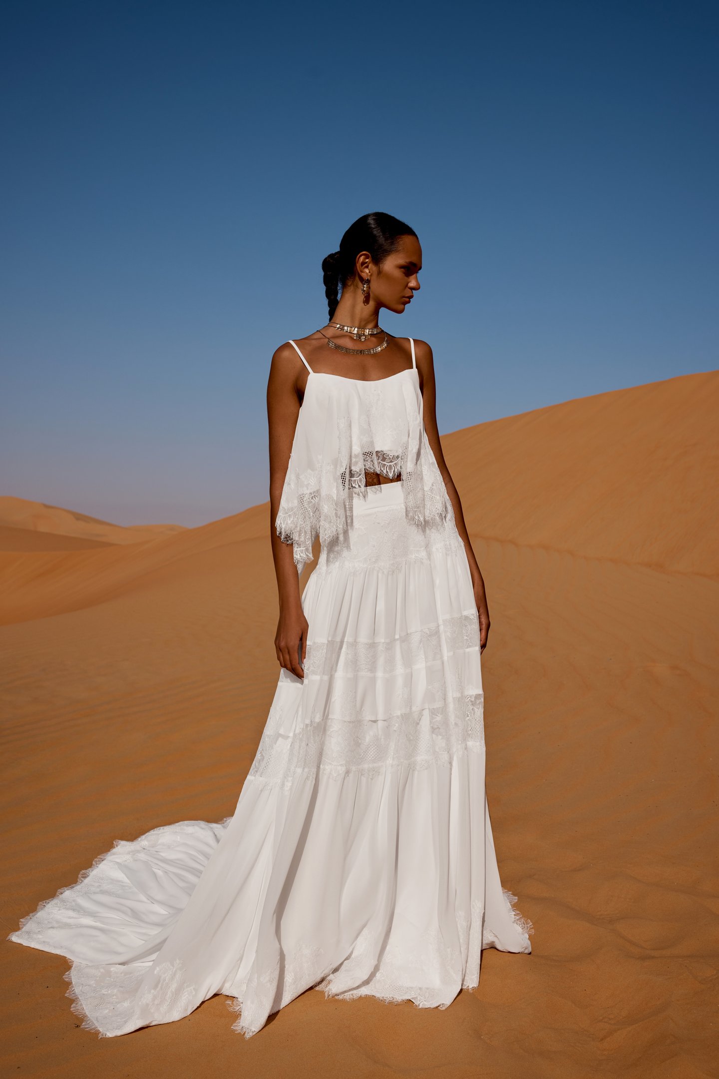 Lillian West Style 66476SK Natural Waisted A-Line Chiffon Skirt with Illusion Chantilly Tiers
