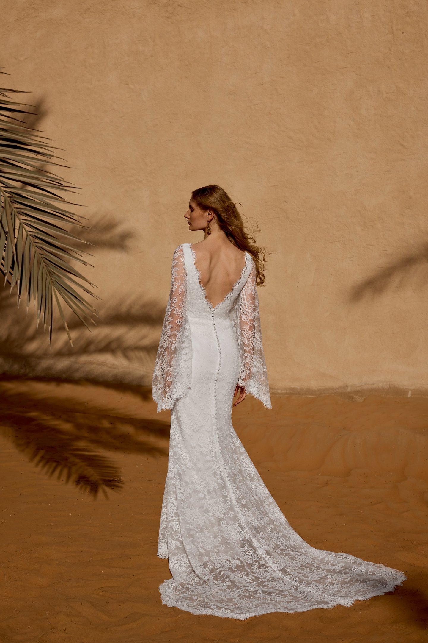 Lillian West Style 66477 Fit and Flare Allover Chantilly Lace Gown with Plunging V-Neckline and Back and Long Sleeves
