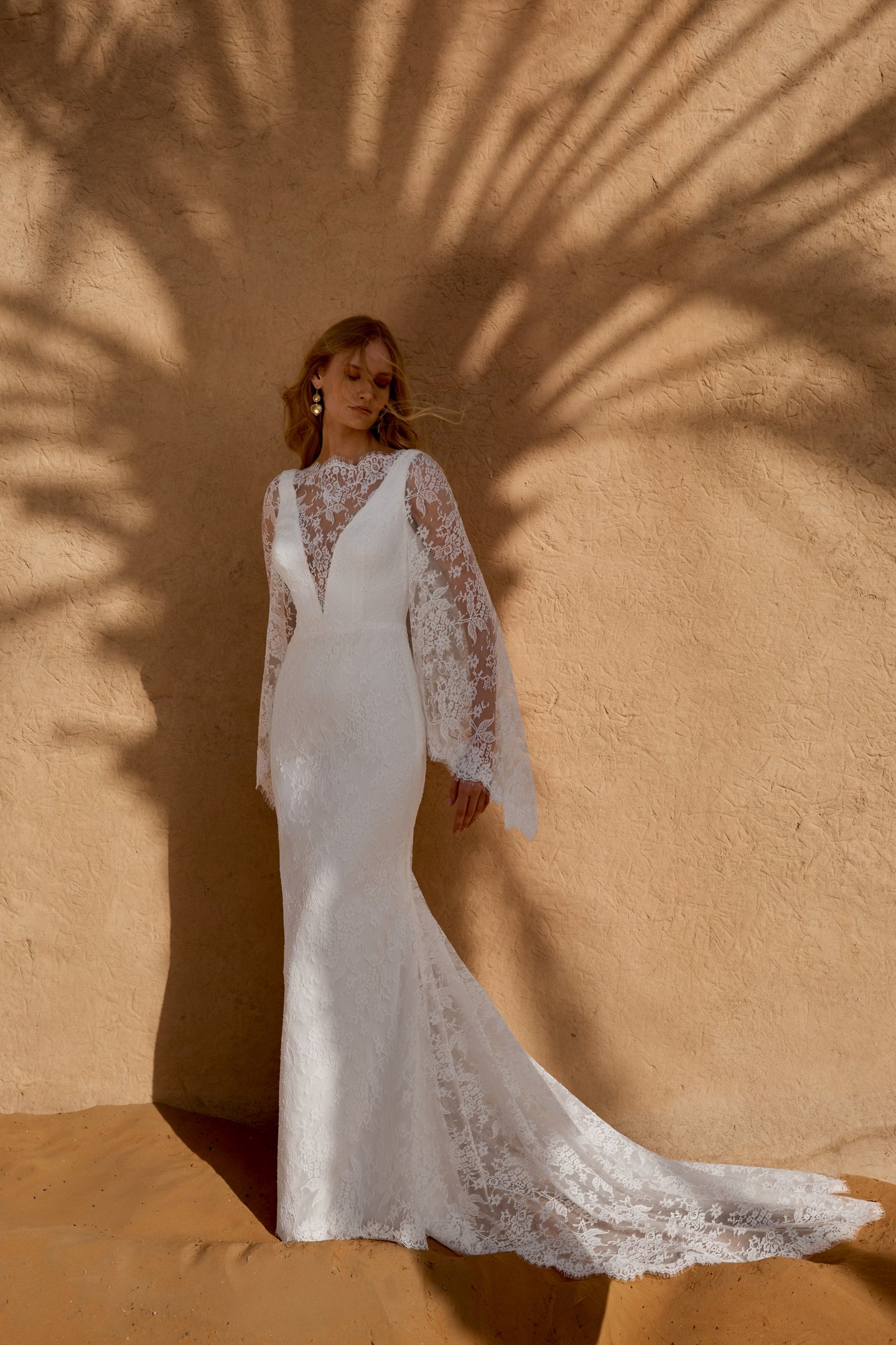 Lillian West Style 66477 Fit and Flare Allover Chantilly Lace Gown with Plunging V-Neckline and Back and Long Sleeves