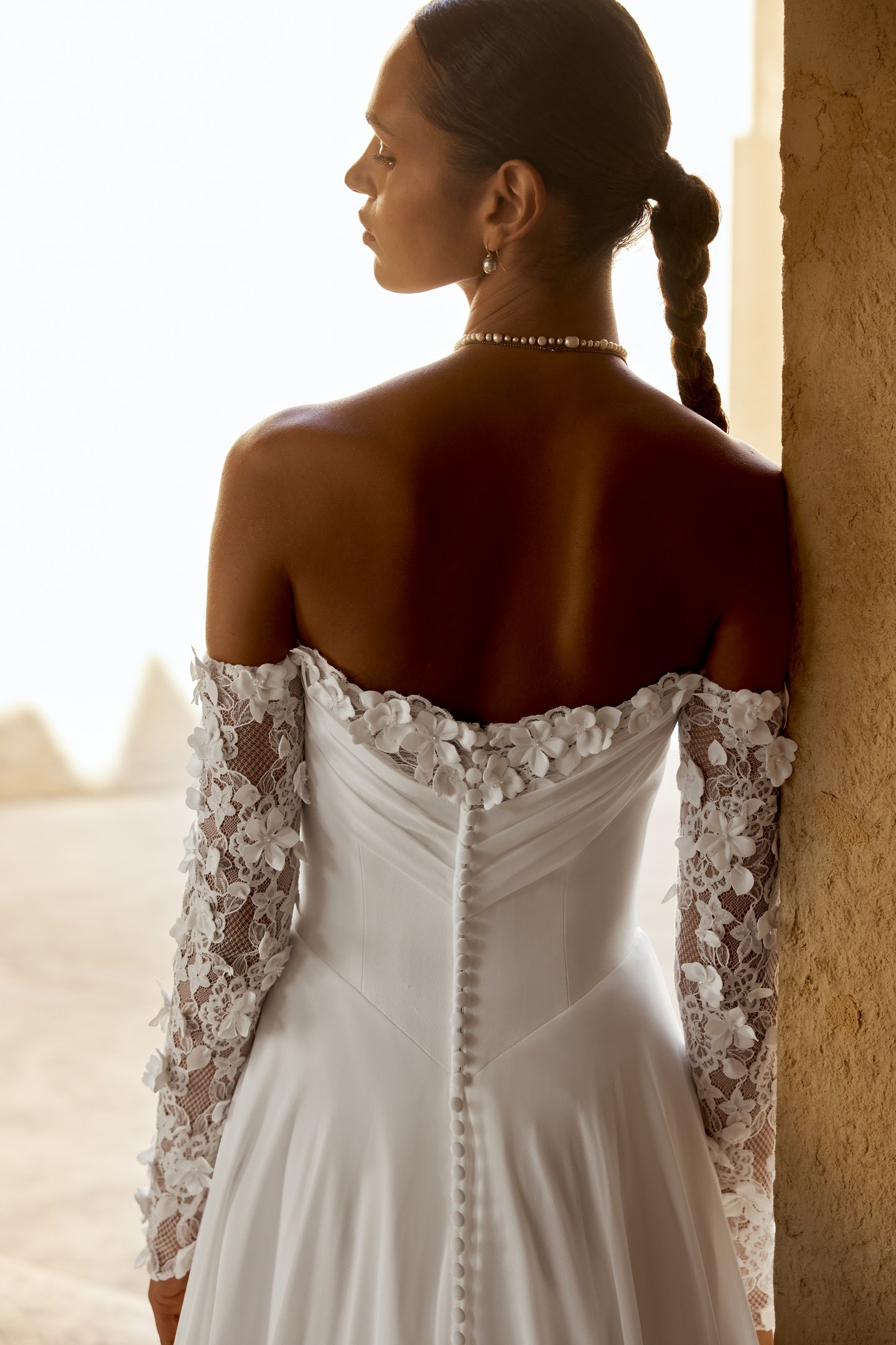 Lillian West Style 66478SL Off-the-Shoulder Stretch Lace Long Gauntlet Sleeves with Crepe 3D Floral Appliqués