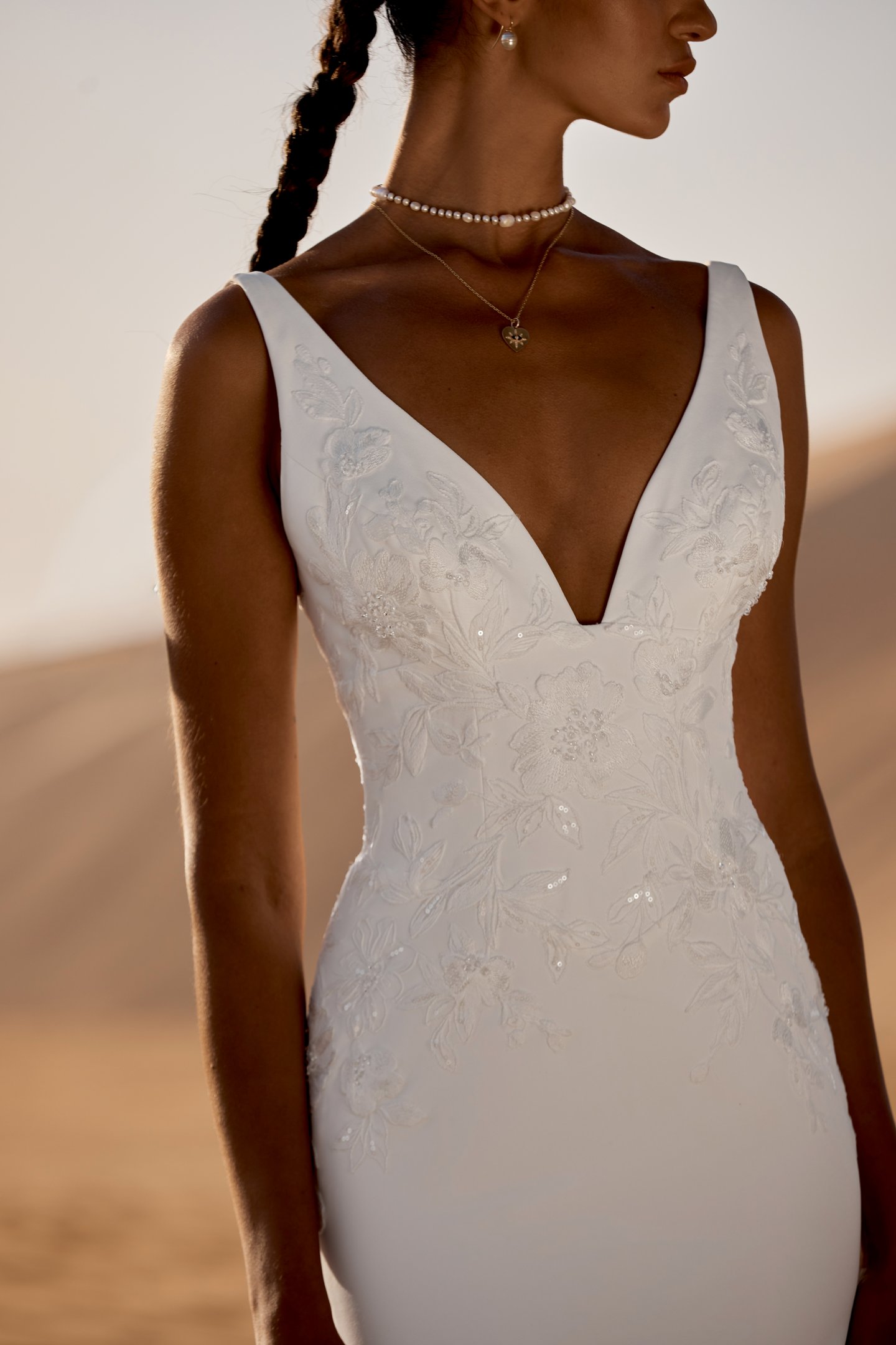Lillian West Style 66479 Crepe Fit and Flare Gown with V-Neckline and Lace Appliqués on Bodice