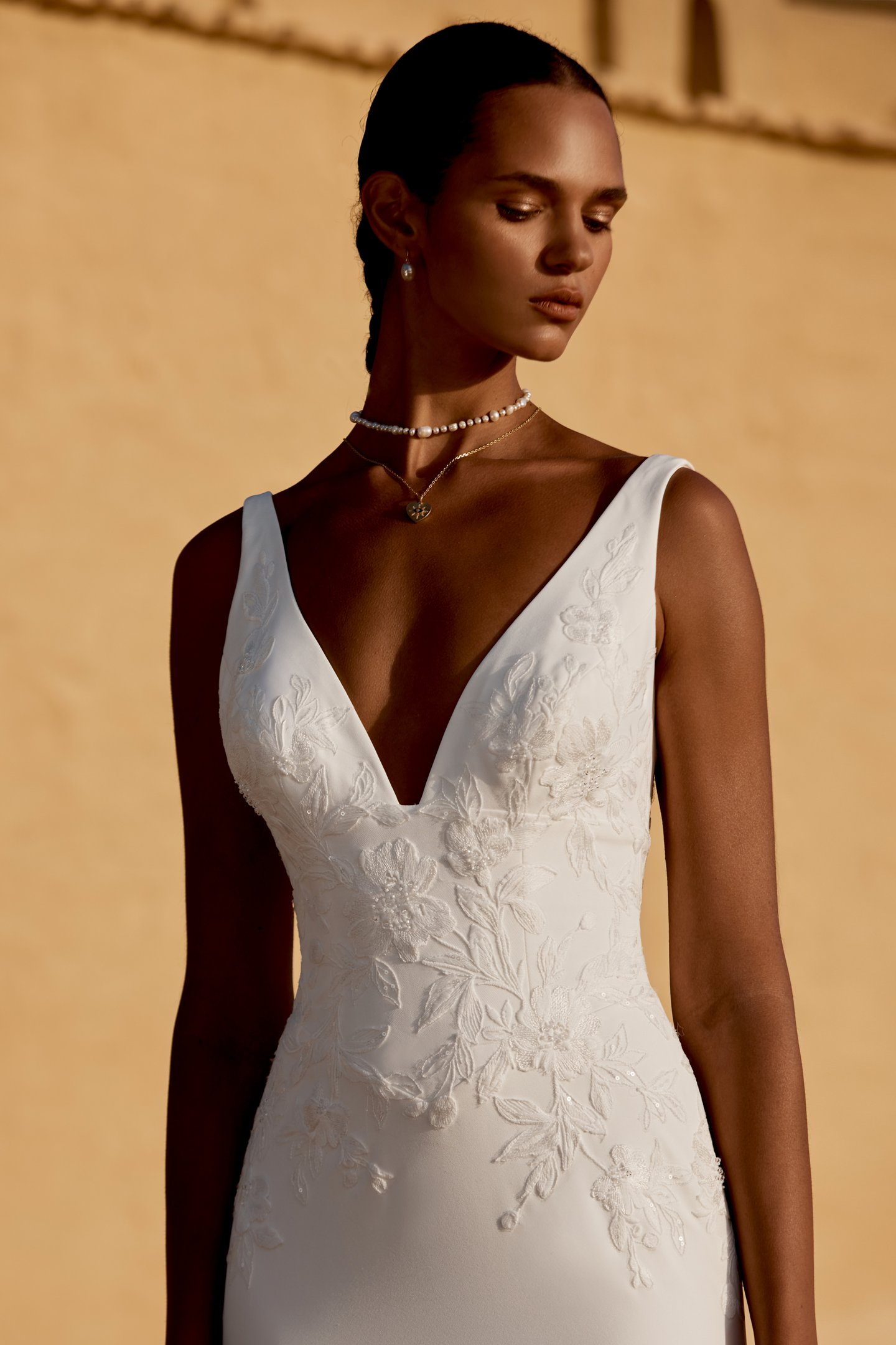 Lillian West Style 66479 Crepe Fit and Flare Gown with V-Neckline and Lace Appliqués on Bodice