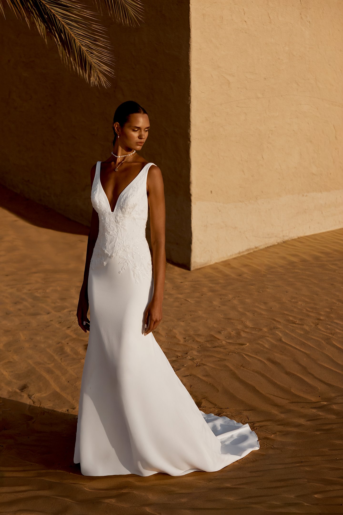 Lillian West Style 66479 Crepe Fit and Flare Gown with V-Neckline and Lace Appliqués on Bodice